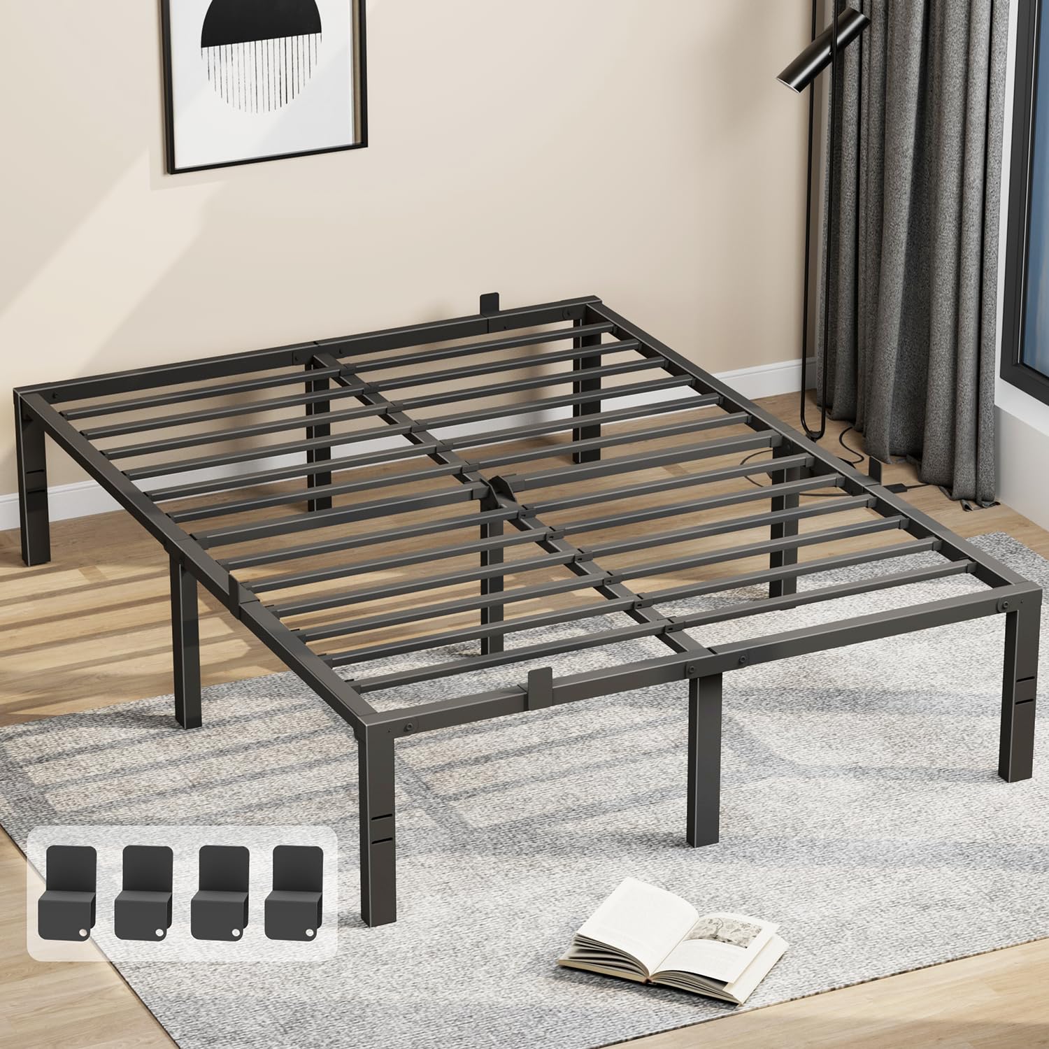 JUNHEDAMAI 14 Inch Queen Size Bed Frame, Heavy Duty Metal Platform Bed Frame Queen Size with Fixed Buckle, Storage Space Under Frame, No Screws Required, No Box Spring Needed, Black