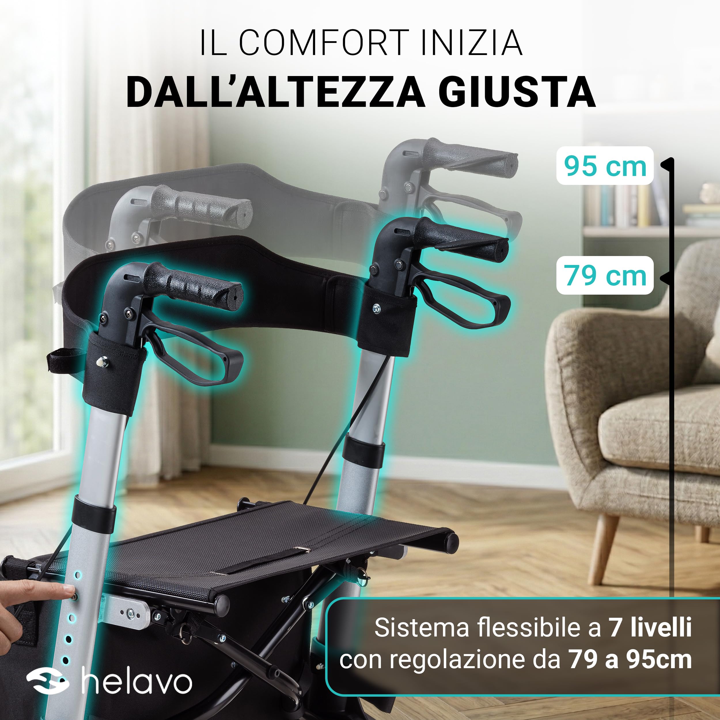 Helavo deambulatore per anziani pieghevole in alluminio con seduta schienale - freni rollator leggero 4 ruote - girello pieghevole per interni ed esterni supporto fino a 136 kg
