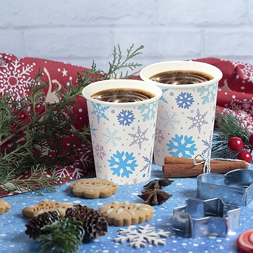 Miniatura 4 de 100 vasos de papel de copo de nieve de Navidad de 9 onzas, vasos de papel de Navidad, tazas de café desechables de Navidad, tazas de Navidad, vasos