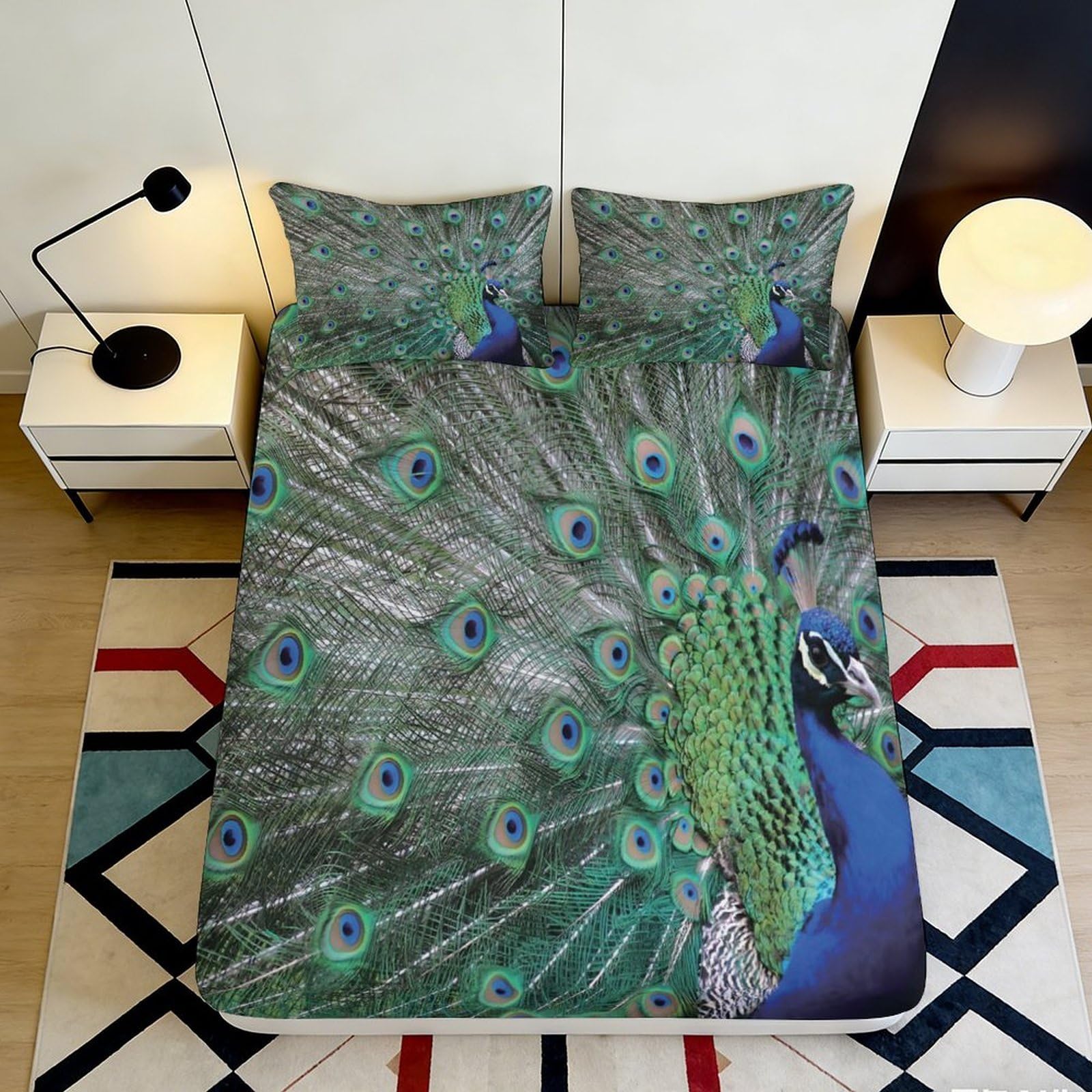3D Printed Peacock Feather Fitted Sheet Microfiber Soft Breathable Blue Green Bird Bed Cover for Bedroom Guest Room Decor 90x200x25cm