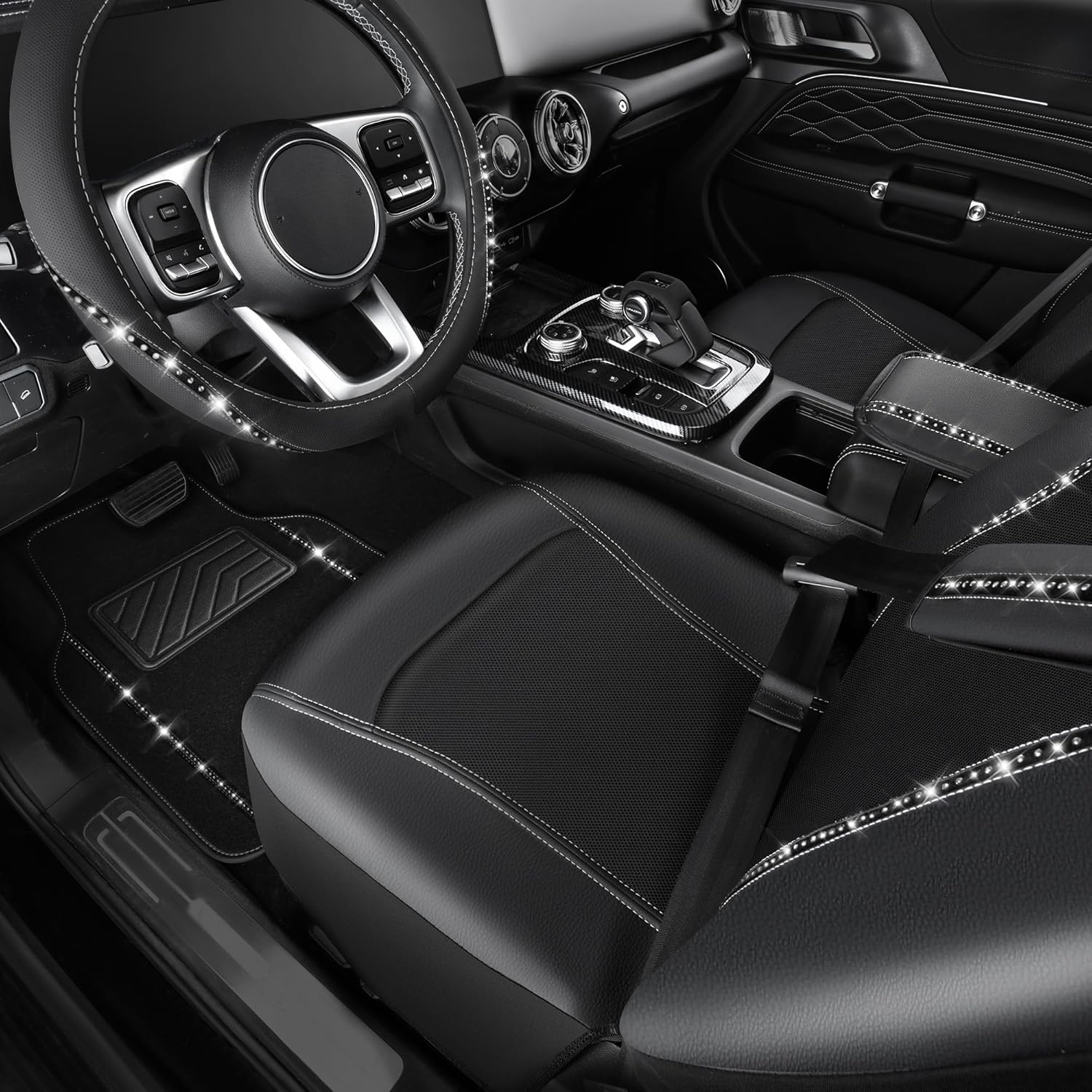 CAR PASS 14 PCS Bling Diamond Car Accessories Set for Women, Leather Seat Covers Front Seats Sparkly Rhinestone 15'' Steering Wheel Covers Shining Diamond Car Floor Mats Cute Interior Sets, Silver - Image 3