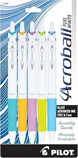 PILOT Acroball PureWhite Advanced Ink Refillable & Retractable Ball Point Pens with Turquoise/Orange/Purple/Lime/Blue Accents, Fine Point, Black Ink, 5-Pack (31861)