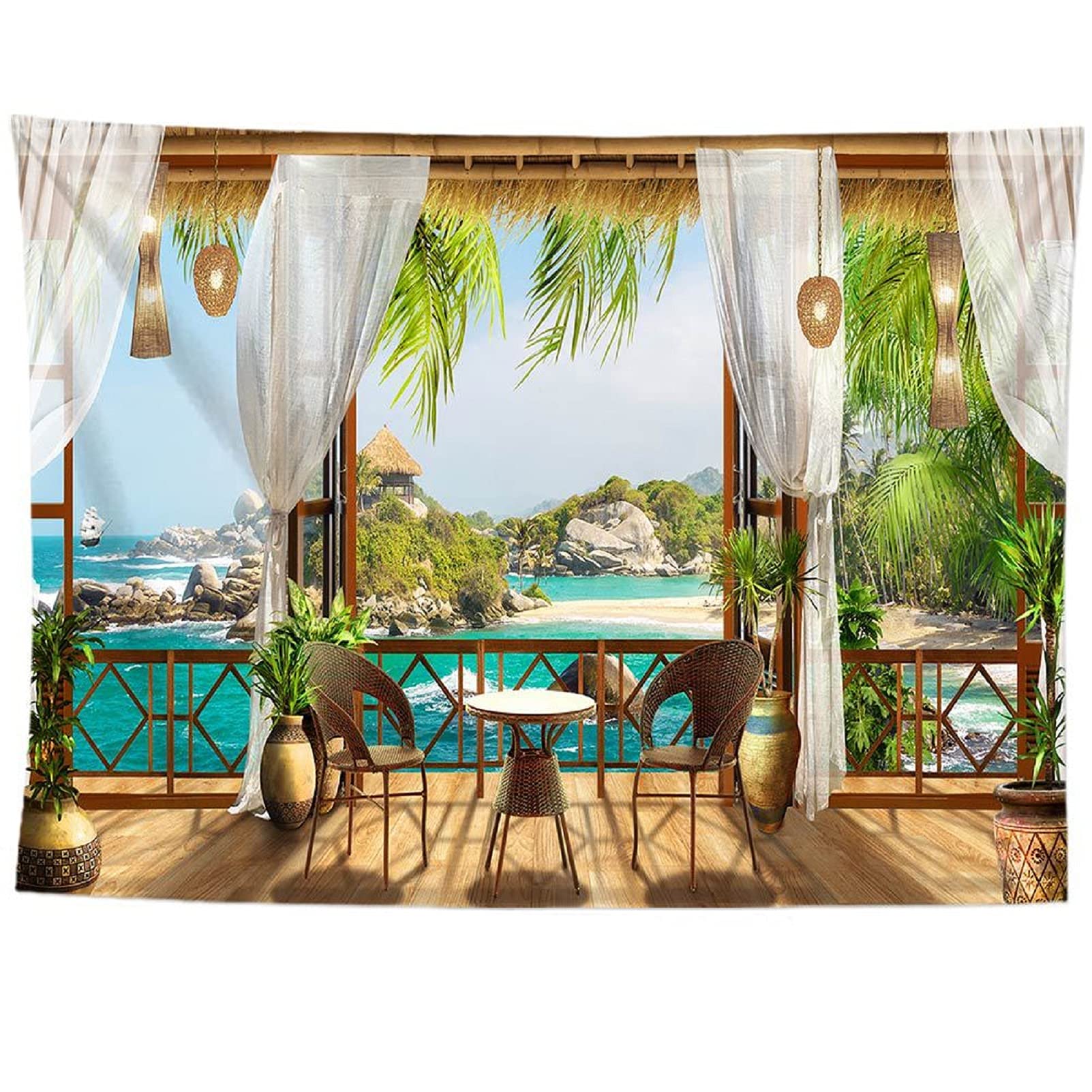izielad Sea Ocean Holdiay House Wall Art Hanging Tapestry for Bedroom Living Room Dorm Home Décor 130X150CM 51X59IN