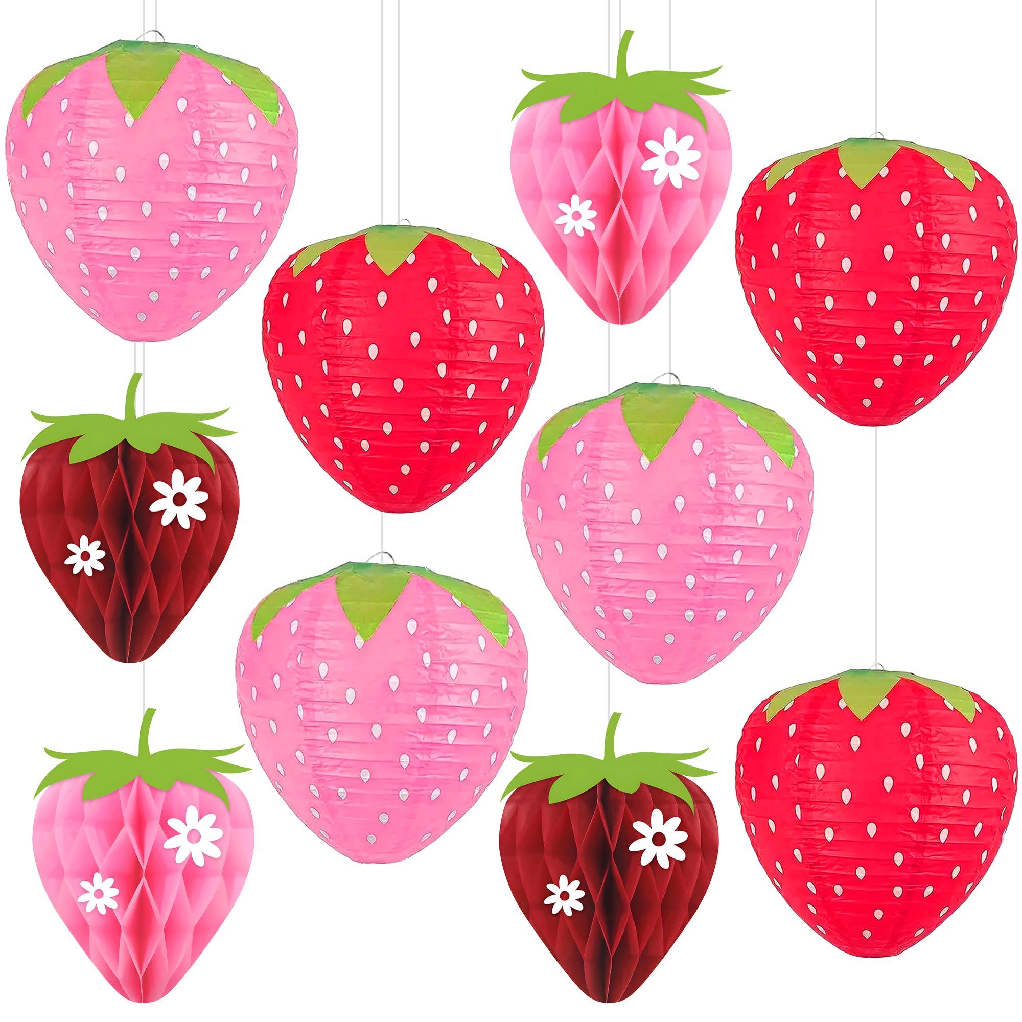 KatchOn, Cute Strawberry Paper Lanterns – 10 Pack | Strawberry Hanging Decorations in Pink & Red | Birthday Party, Berry First Birthday Decor | Strawberry Birthday Decorations | Hanging Paper Lantern