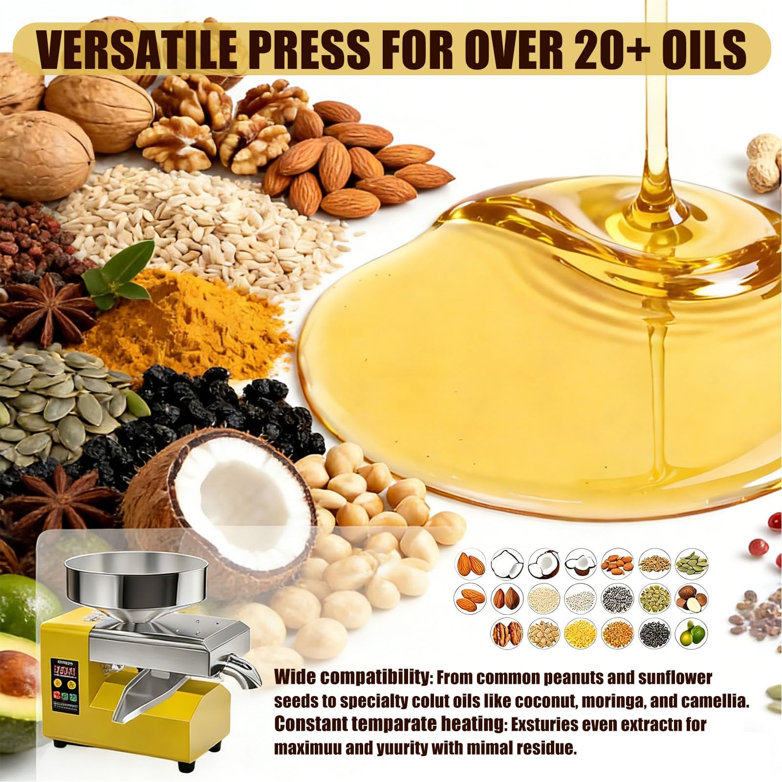 Frantoio Olive Commerciale, Macchina per La Spremitura Dell'olio Elettrica Automatica da 1500W, Estrattore D'olio in Acciaio Inossidabile per Spremitura a Freddo E a Caldo