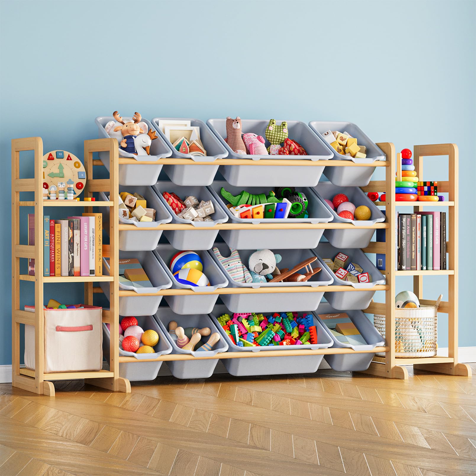 SpaceAid Toy Storage Organizer with 6 Shelves and 16 Bins, Toy Organizers Storage Bookshelf, Kids Bin Shelf Toys Box Bookcase for Bedroom Playroom Organization Room Decor, Neutral Gray