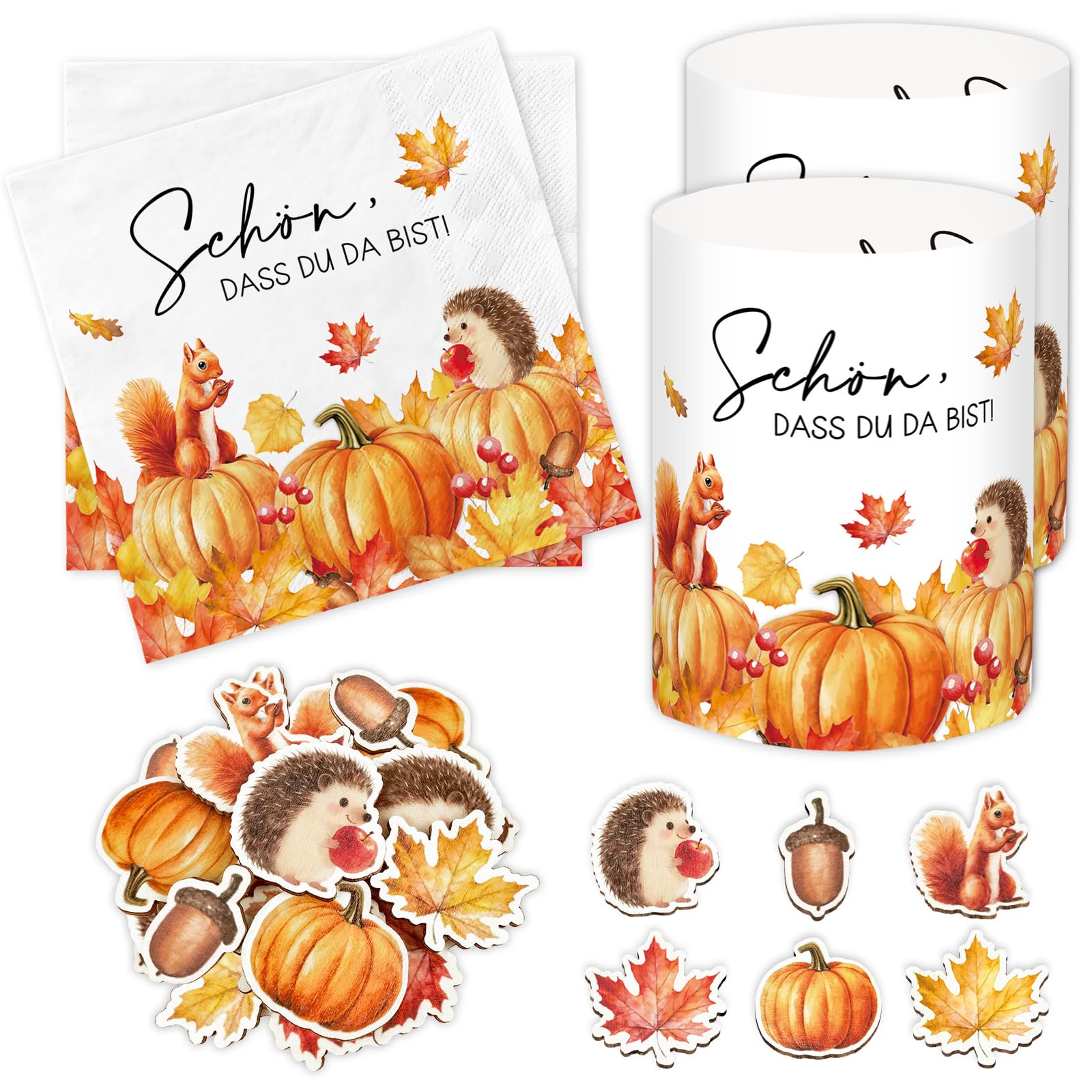 20 Stück Servietten Herbst + 12 Windlicht + 36 Holz Konfetti, Herbstdeko Innen mit Kürbis Herbstblätter Muster, Herbst Dekoration Aesthetic, Tischdeko für Autumn Thanksgiving, Fall Decor Tisch Modern