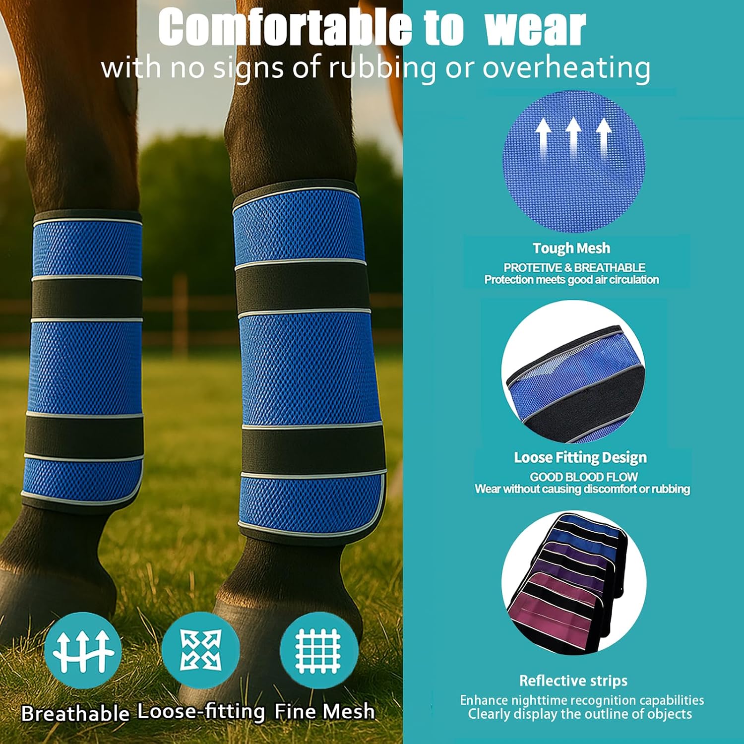 2-Pack Fly Boots for Horses (Horse Fly Leggings) | Breathable Mesh, No-Rub Loose-Fit with Reflective Strips, to Prevent Painful Fly Bites