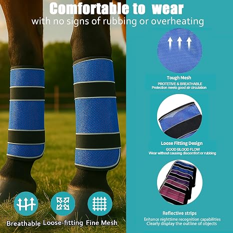 2PCS Horse Fly Boots, Breathable Mesh Horse Leg Wraps with Reflective Strips – Insect/Mosquito Repellent Protective Covers, Adjustable Velcro, Equestrian Supplies (pink)