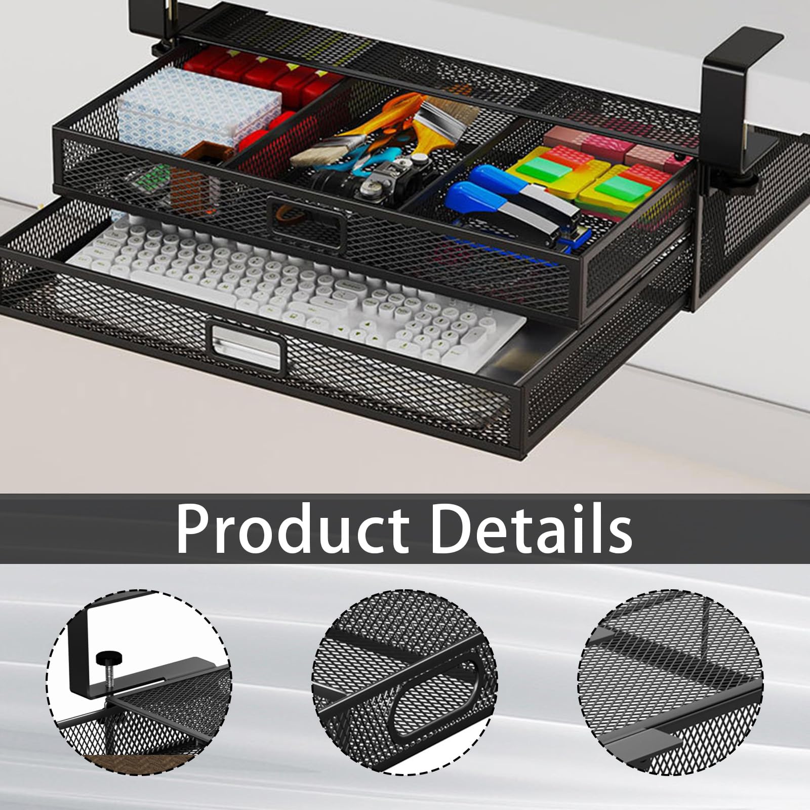 Cassetto Sottopiano, Cassetto Sotto la Scrivania a 2 Strati Cassetti Organizer da Scrivania Nascosto Senza Foratur Sotto Scrivania per Ufficio, Casa, Scuola