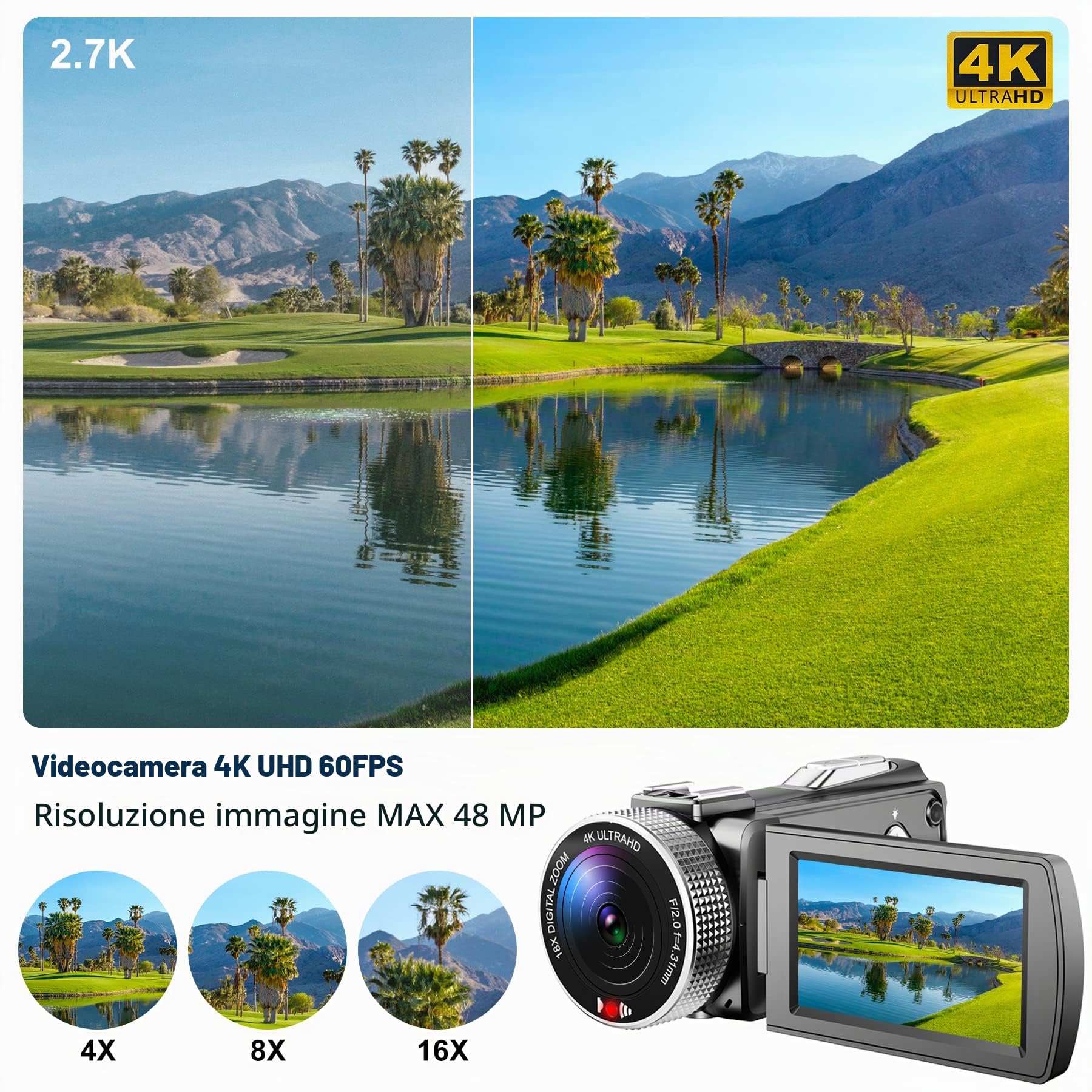 Videocamera 4K 48MP 60fps, zoom digitale 18x, schermo IPS girevole 360°, ideale per YouTube, vlogging e FHD 1080p, incl. telecomando, 2 batterie