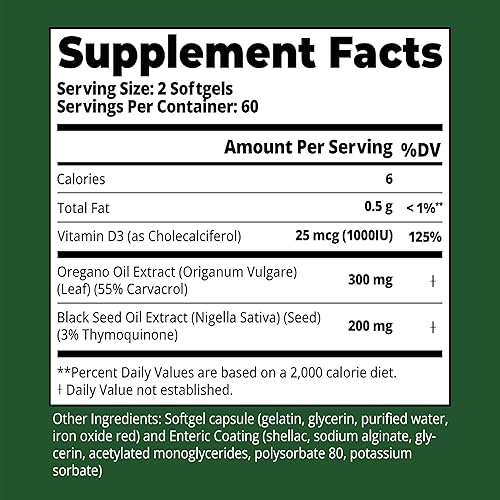 Miniatura 8 de HiWell Aceite de orégano con aceite de semilla negra, cápsulas blandas 4 en 1, apoyo inmunológico y salud digestiva con aceite de semilla negra