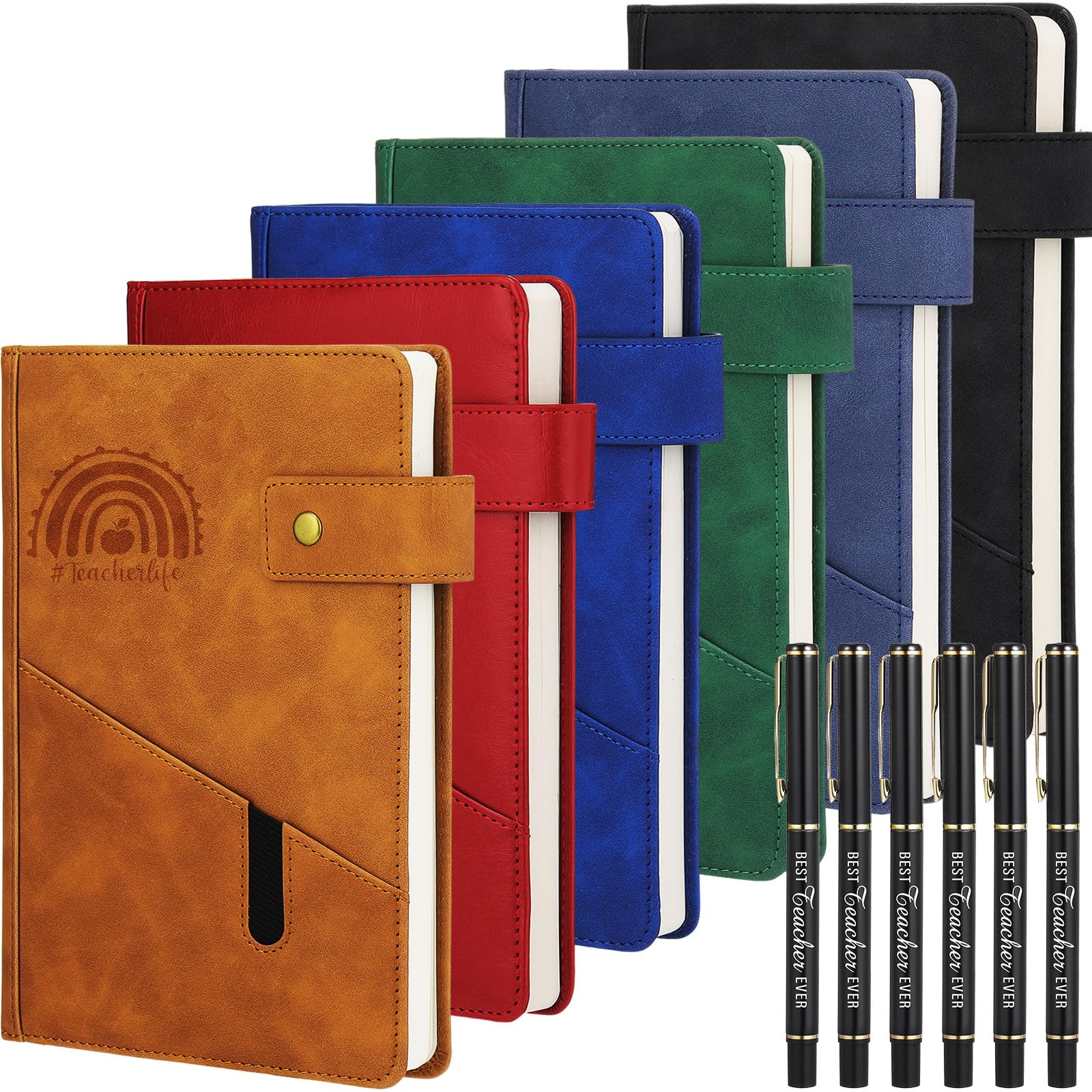 Dunzoom Set di 6 quaderni con penna per insegnanti, con copertina rigida, formato A5, in pelle, idea regalo per studenti, regalo di ringraziamento (arcobaleno)