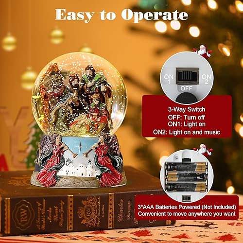 Miniatura 5 de Lewondr Globo de nieve de Navidad, funciona con pilas, globo de nieve que muestra la escena de la Santa Natividad, linterna de nieve decoración de