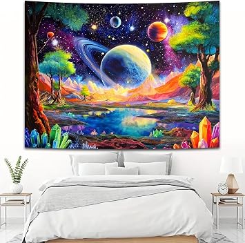 Simpkeely Blacklight Galaxy Planet Tapestry – UV Reactive Space Landscape Mountains Crystals Stars Wall Hanging, Glow in the Dark Cosmic Nature Tapestry for Bedroom & Living Room Decor – 130 x 150 cm