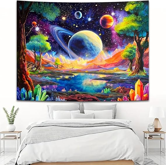 Simpkeely Blacklight Galaxy Planet Tapestry – UV Reactive Space Landscape Mountains Crystals Stars Wall Hanging, Glow in the Dark Cosmic Nature Tapestry for Bedroom & Living Room Decor – 130 x 150 cm