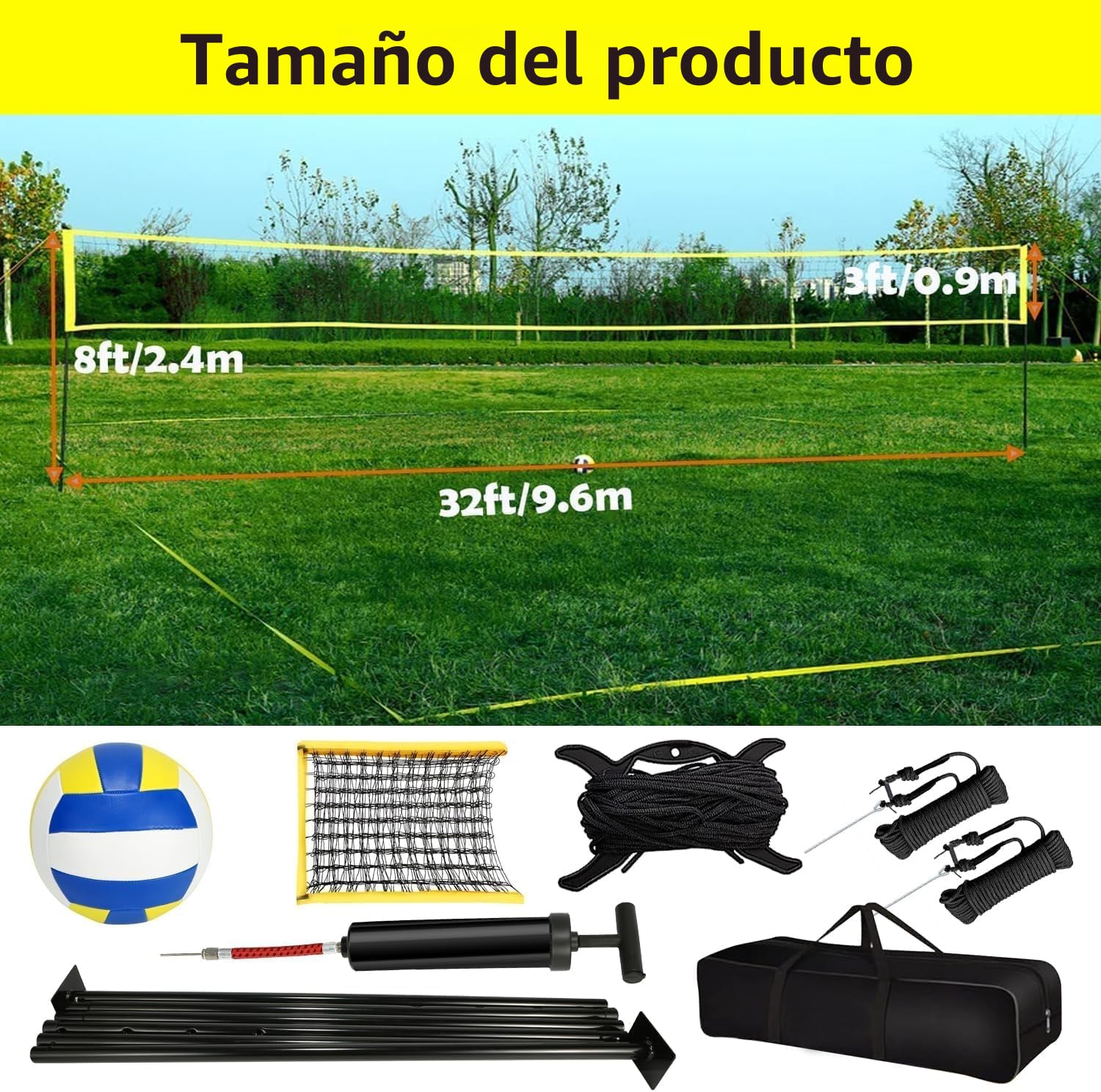 Yoving Juego de Red de Voleibol 9,5 M X 1 M - Completo Con Postes de Acero, Señalización de Campo, Pelota y Bolsa de Transporte Gratuita - Líneas y Altura Ajustable