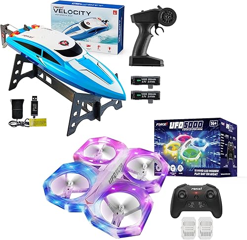 Force1 UFO 5000 Mini dron y Force1 Velocity Fast RC Boat- UFO 5000 Mini Drone para niños con control remoto LED Drone Flying Toy Bundle con Velocity