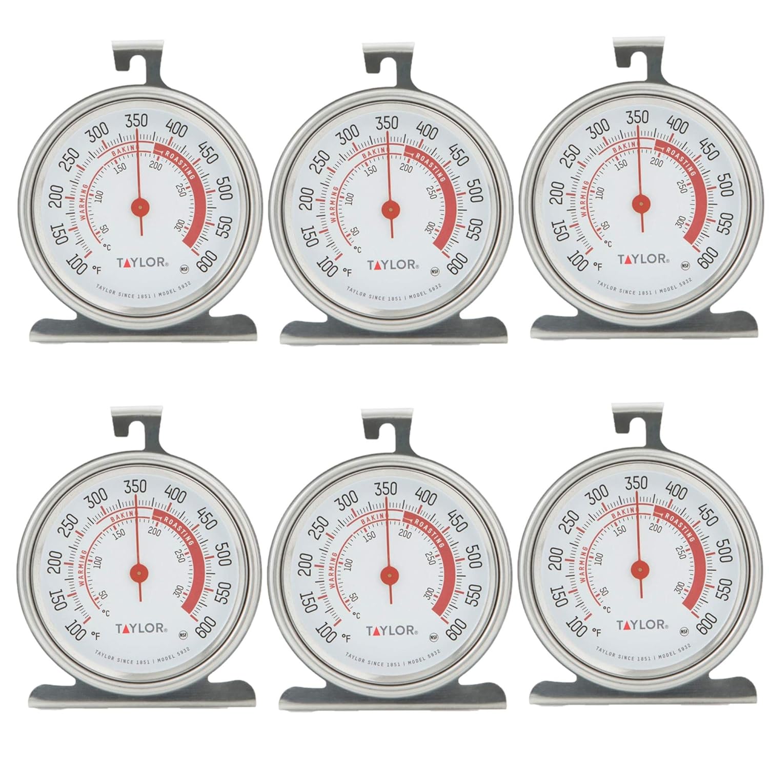 Taylor Classic Series Large Dial Oven Thermometer - 3.25" Easy-Read Dial, 100-600°F, Stainless Steel, Pack of 6