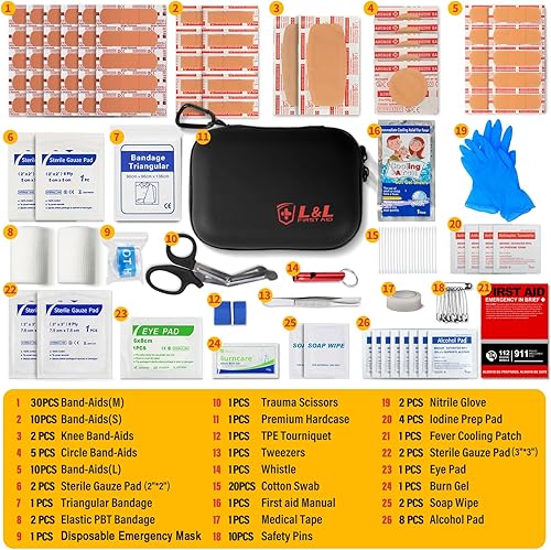 Miniatura 3 de Kit de primeros auxilios de 120 piezas para viajes, coche y supervivencia de emergencia, suministros médicos compactos e impermeables con vendajes