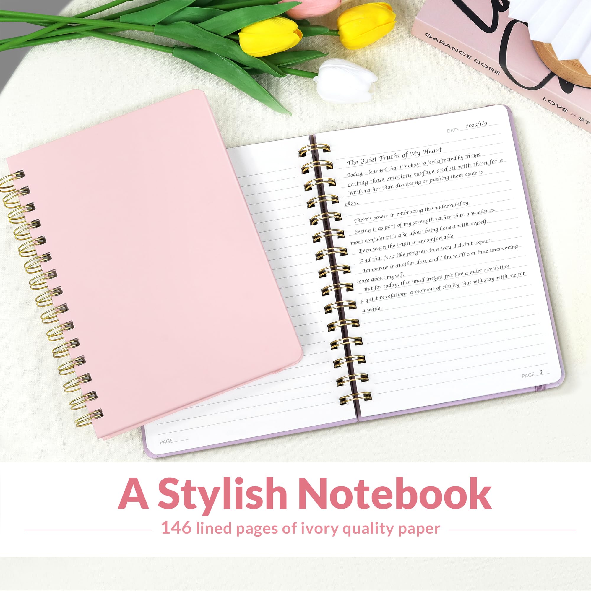 SUNEE Cuadernos de diario, cuaderno de espiral rayado A5 para mujer, 146 páginas, cuaderno de tapa dura con rayas universitarias para el trabajo, tomar notas, diario y suministros escolares de