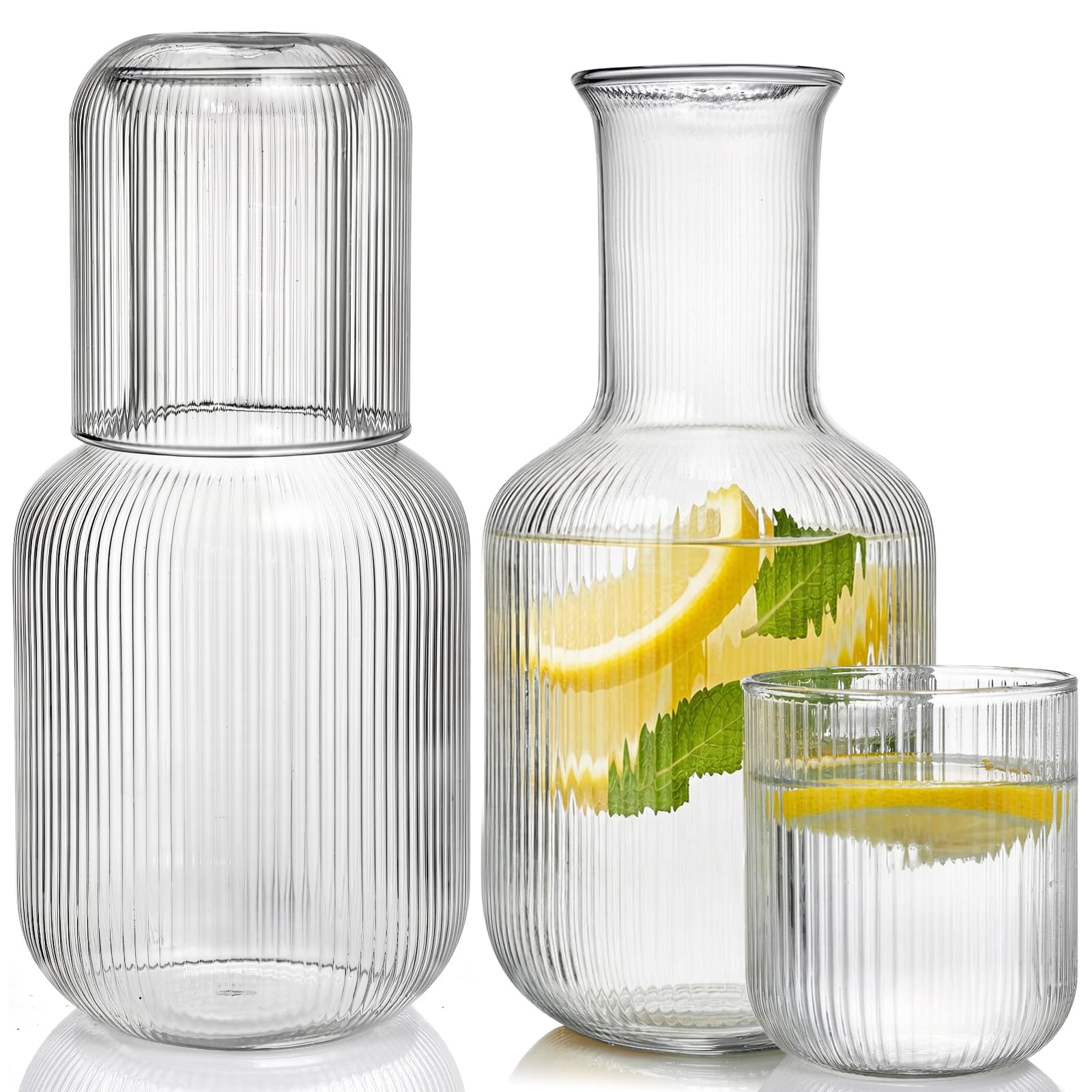 Bekith 2 Set 25 OZ Bedside Night Water Carafe with Tumbler Glass, Vertical Stripes Clear Glass Carafe for Bedroom Guest Room Nightstand, Mouthwash Decanter for Bathroom, Water Pitcher Set (4-Piece)