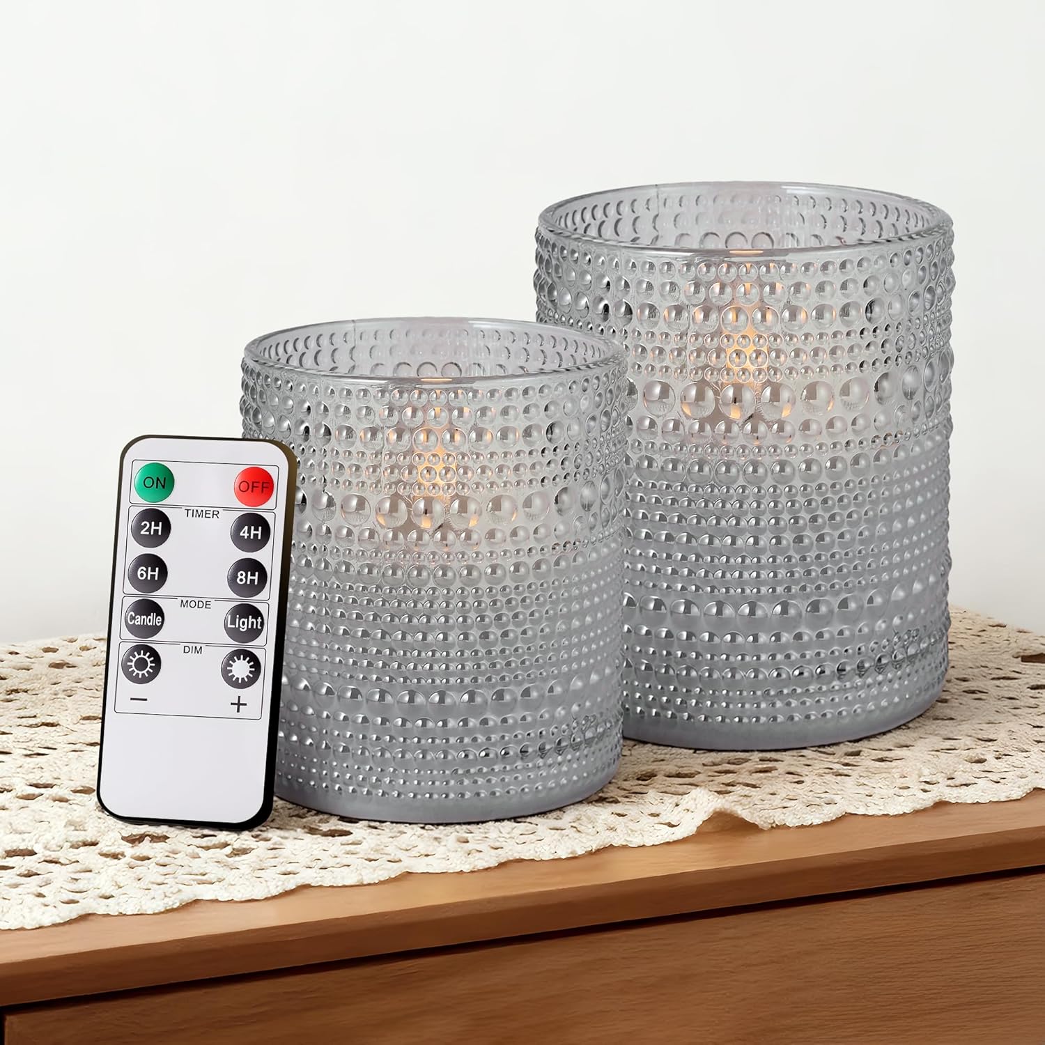 Dotted Glass Flameless Candles with Remote Timer, Real Wax Battery Operated LED Pillar Candles with 3D Flickering Flame for Festival Wedding Home Party Decor, 3" x 4", 4" x 5", Set of 2 (Gray)