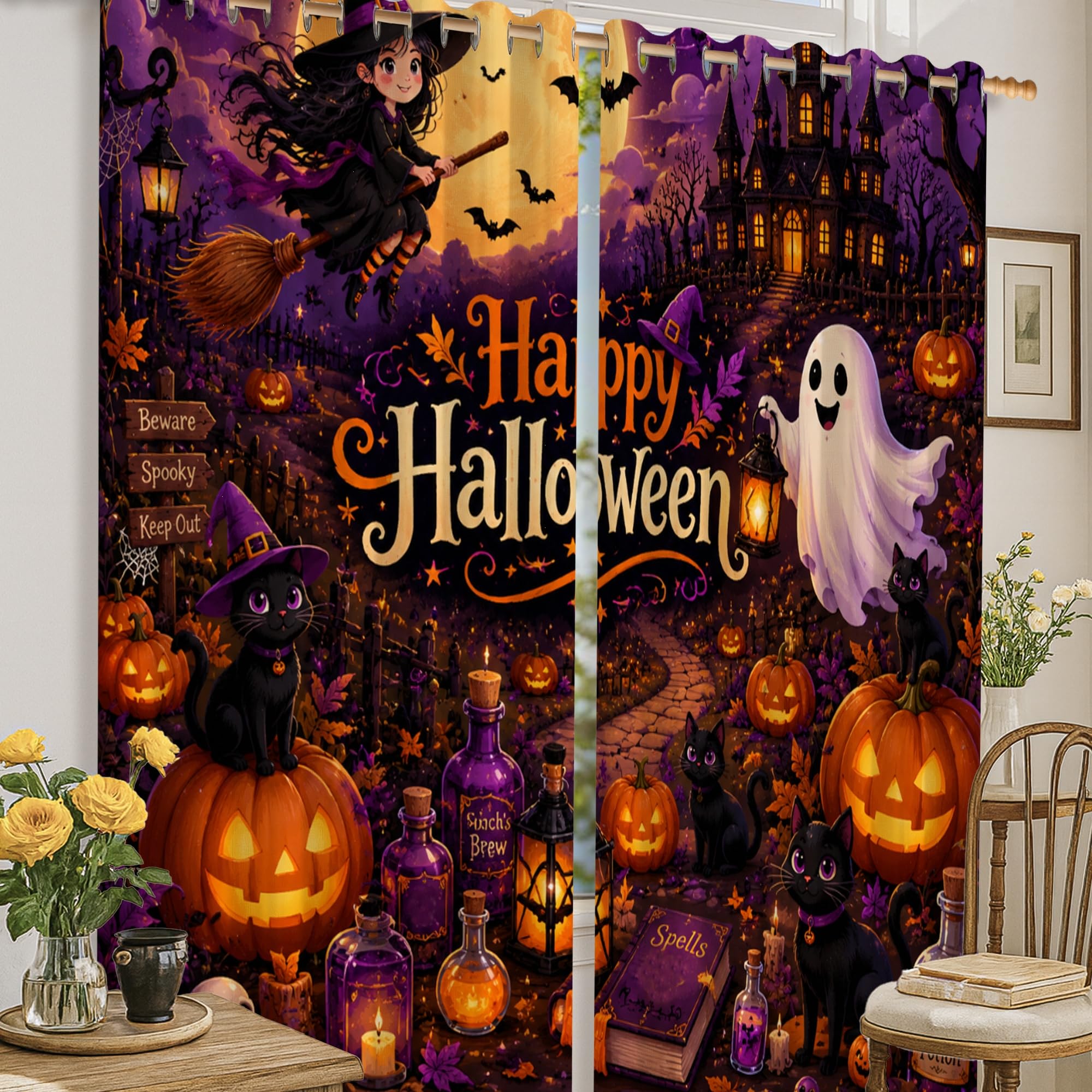 Rideaux occultants à isolation thermique sorcière citrouilles rideau Halloween enfant 132x160