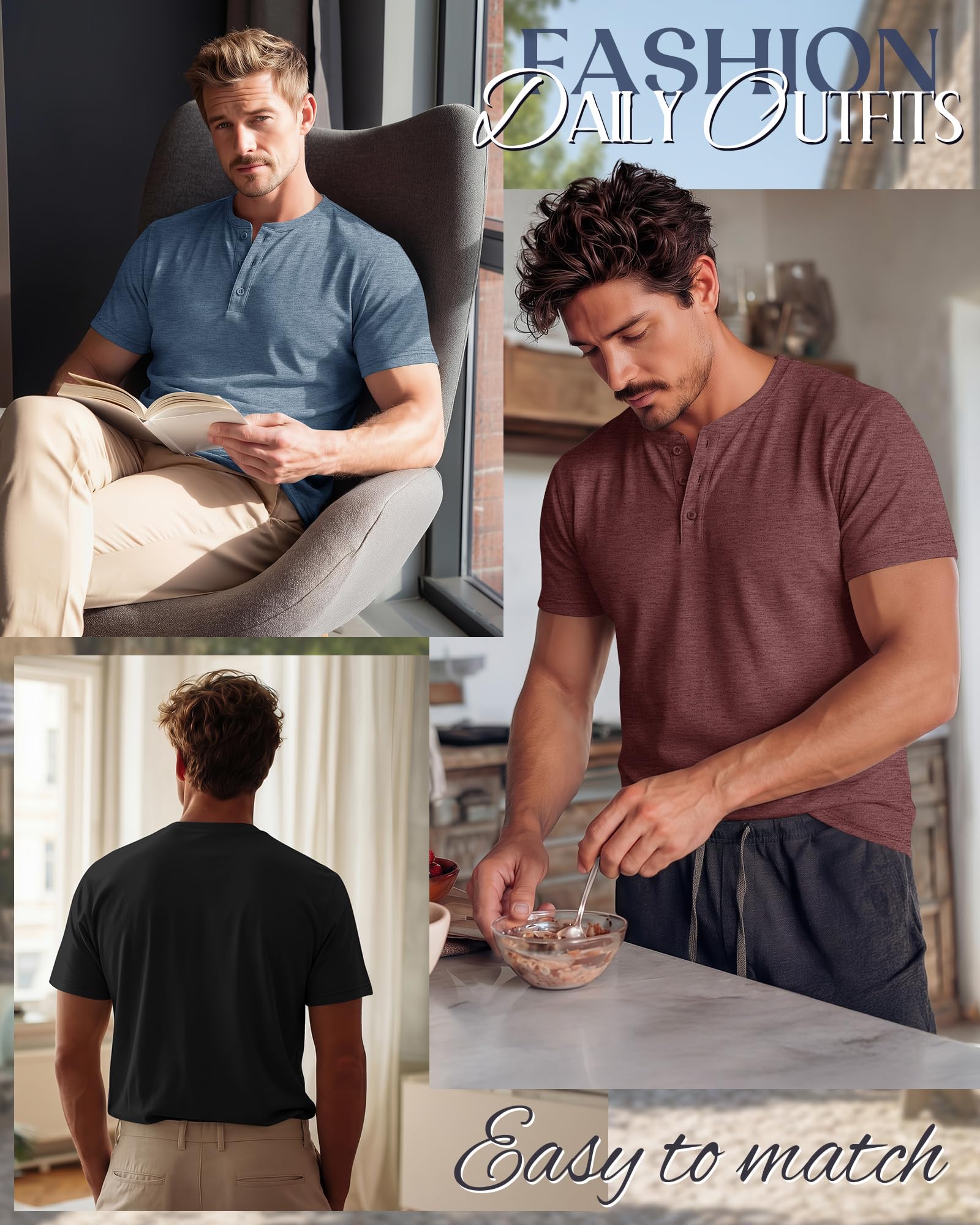 Ficerd 3er-Pack Henley-Shirts für Herren | Übergröße & Langgröße, Kurzarm, Übergröße Mit Knöpfen, Polo-tops, Weit Geschnitten, Übergroß, Sommer, Sportlich