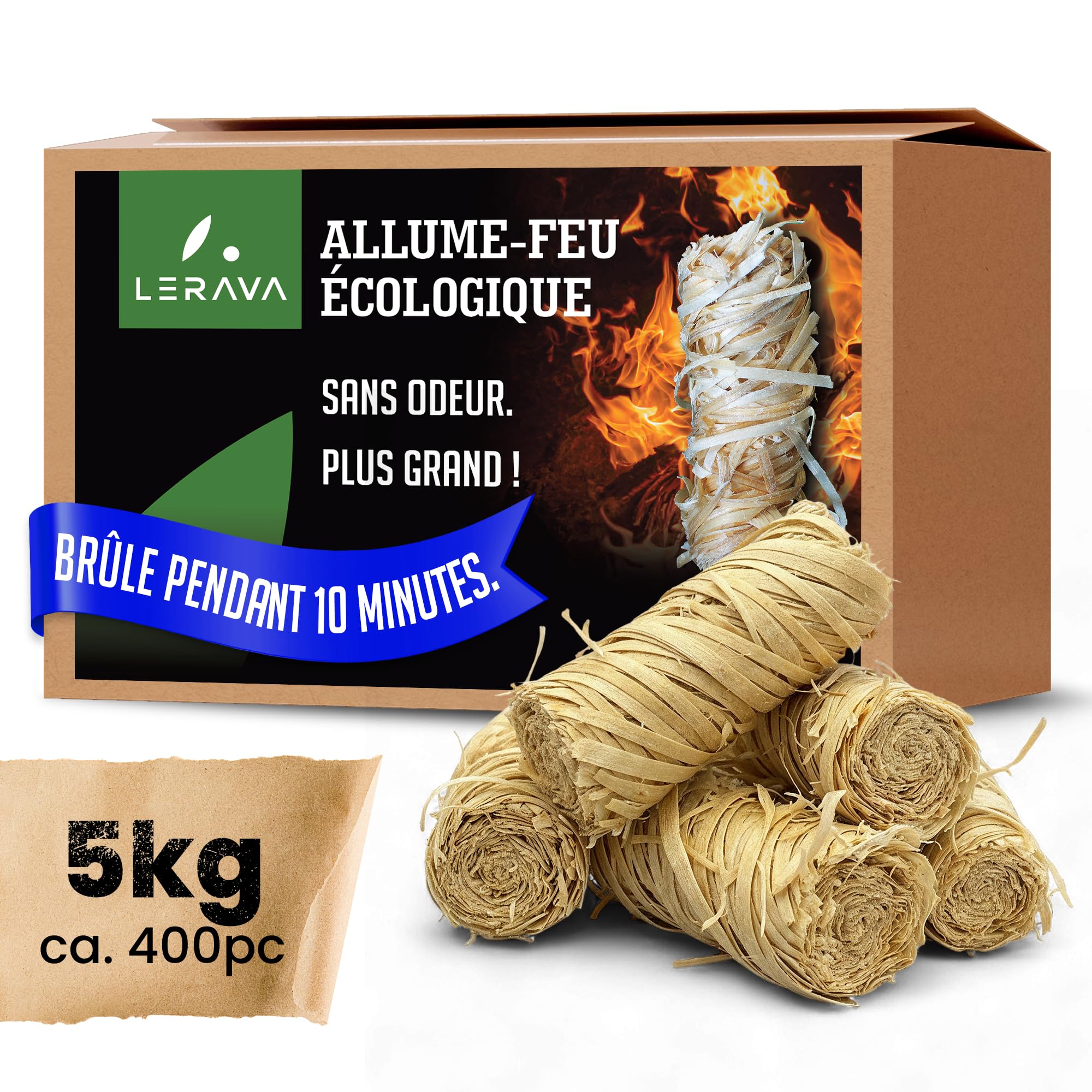 LERAVA® Allume-feu Laine de Bois (5 kg ≈ 400 pièces) – Allume-feu cheminée Naturel – Longue Flamme & Combustion sans Odeur – Écologique & Durable – Idéal pour poêle, Barbecue & Foyer