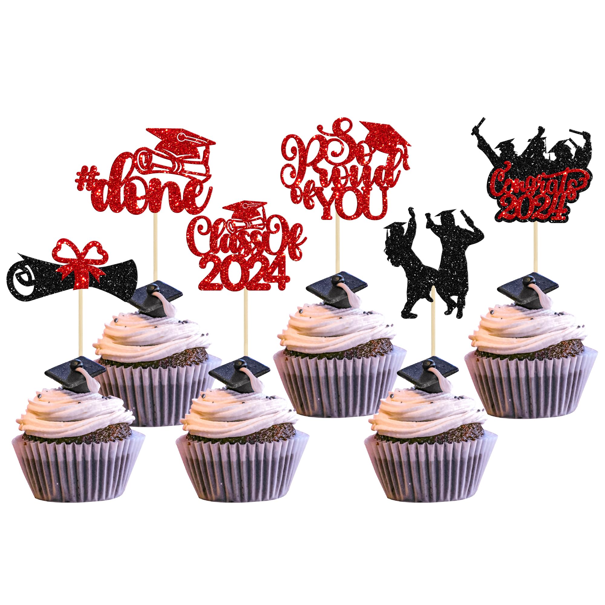 Gyufise 24Pcs 2026 Graduation Cupcake Toppers Glitter Class of 2026 Congrats Grad 2026 Cake Toppers Cap Diploma So Proud of You Cupcake Picks 2026 Graduation Theme Party Cake Decorations Supplies Red