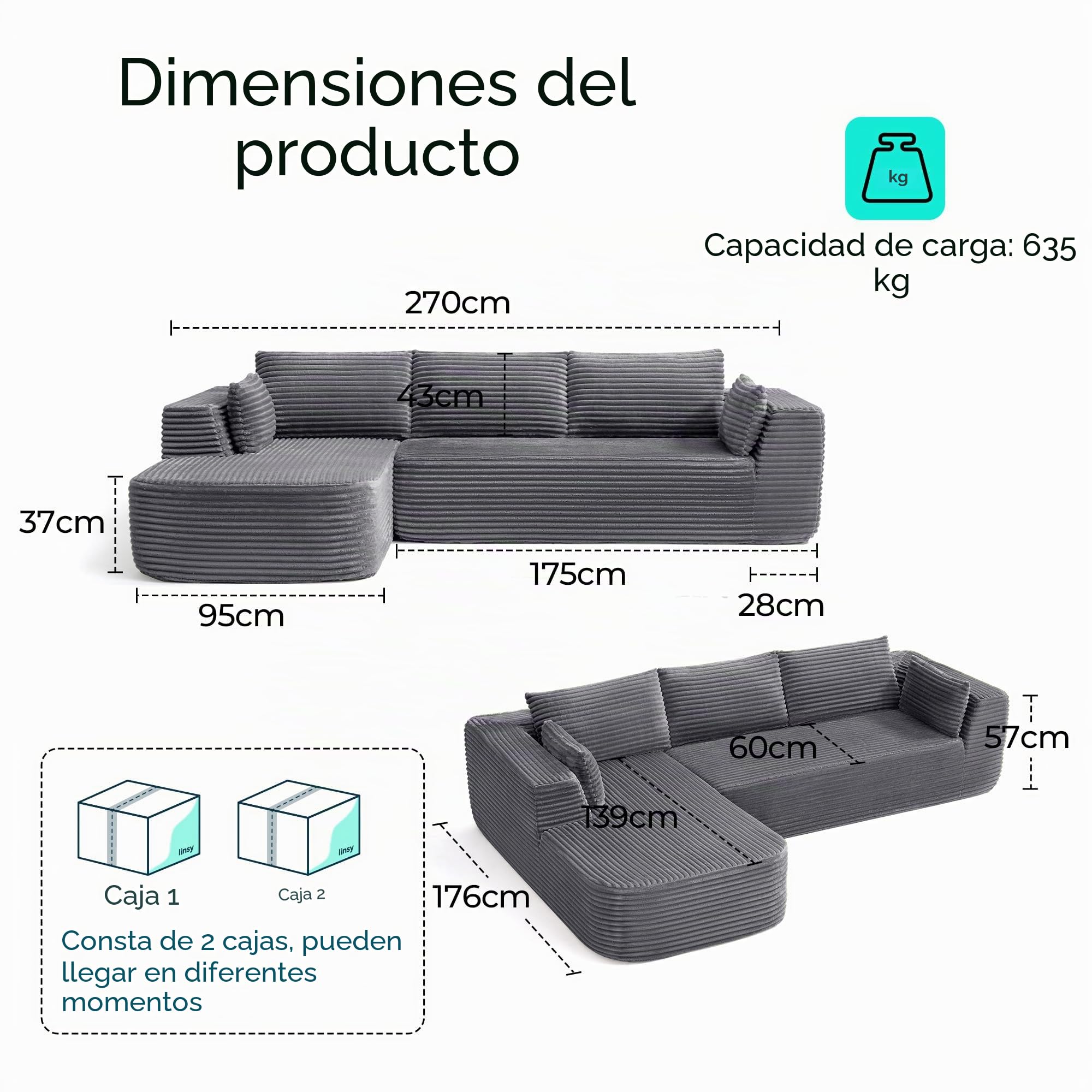 LINSY Home Sofá de Esquina con función de Dormir - Sofá Cama Modular Corduroy de 270 cm, en Forma de L, sofá de 3 plazas con otomana, sofás seccionales para salón, no Requiere Montaje | Sofá en forma de L, sofá de 3 plazas con otomana, sofás seccionales p