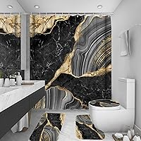 BEIFIVCL Black Marble 4-Pc Shower Curtain Set: 72x72" Waterproof Curtain, Bath Mat, Toilet Lid Cover, U-Shaped Rug & 12 Hooks - Luxury Bathroom Decor