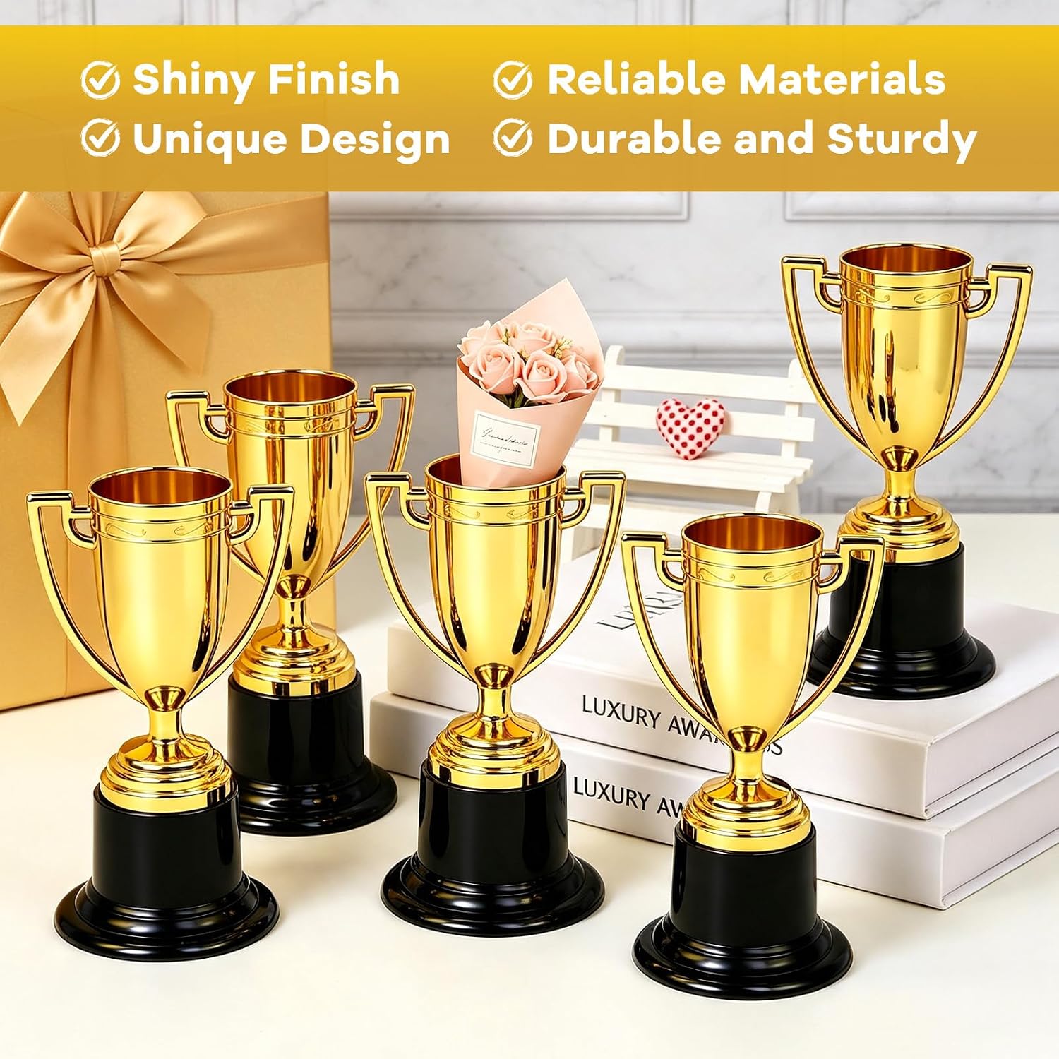 GAQWOK 5 Pack 3.74 Inch Gold Mini Plastic Trophy Cups Award Trophies