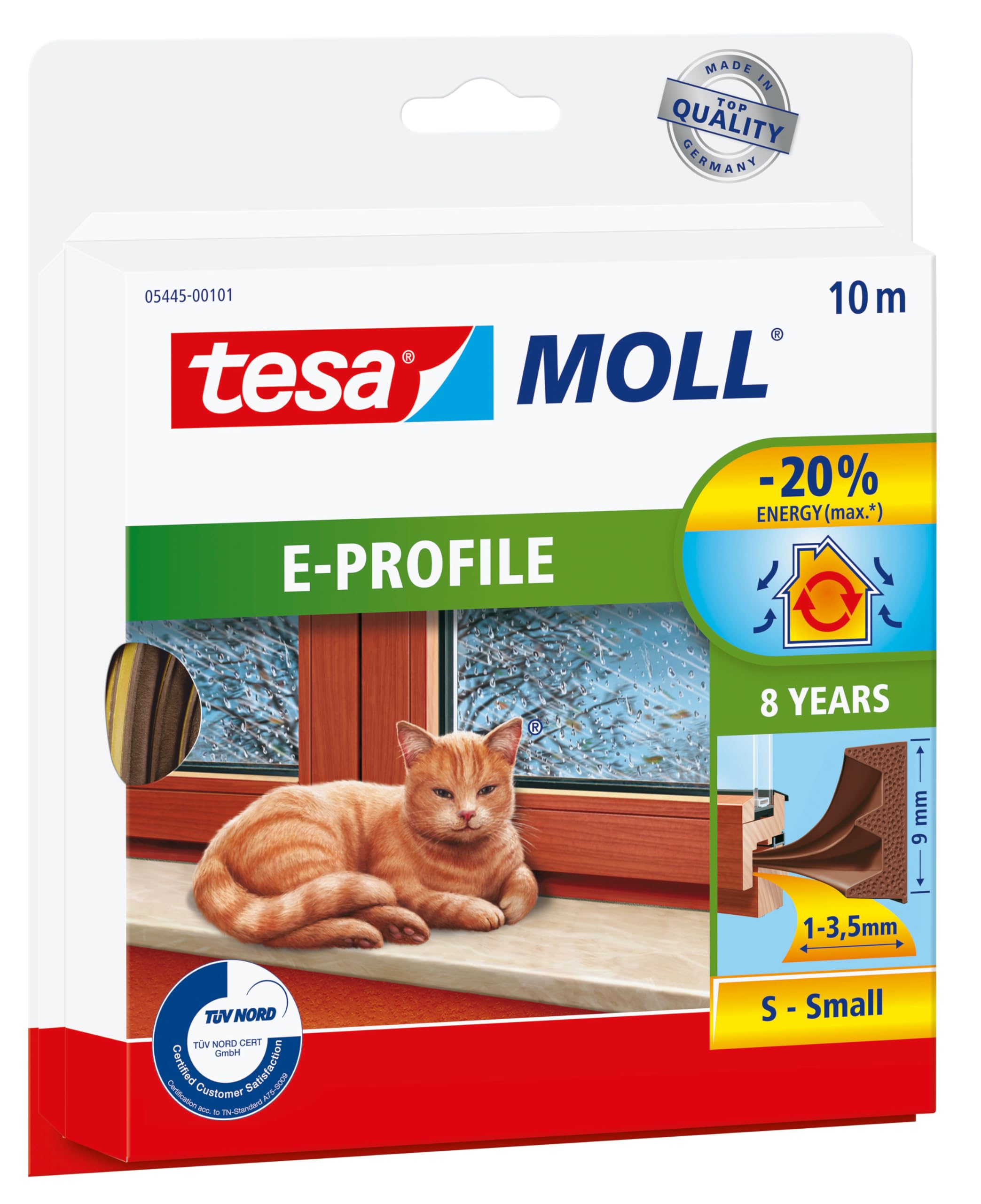 tesamoll E-Profile Seal - Self Adhesive Rubber Draught Excluder for Insulating Gaps in Windows and Doors - Brown - 10 m x 9 mm x 3.5 mm