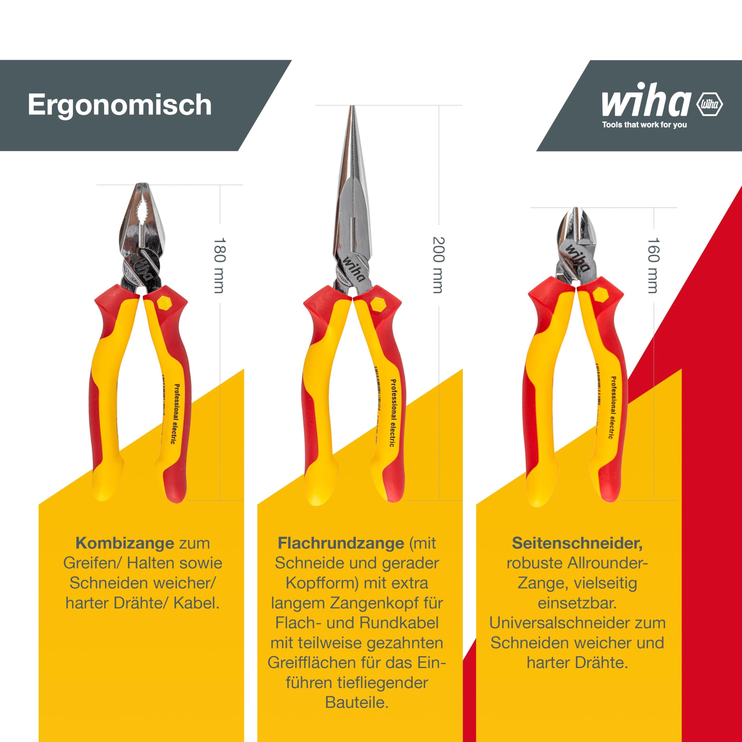 Wiha Zangen Set für Elektriker (26852) 3-tlg. I Universal Kombizange 180mm + Flachrundzange 200mm + Seitenschneider 160mm I Zangenset Elektro VDE