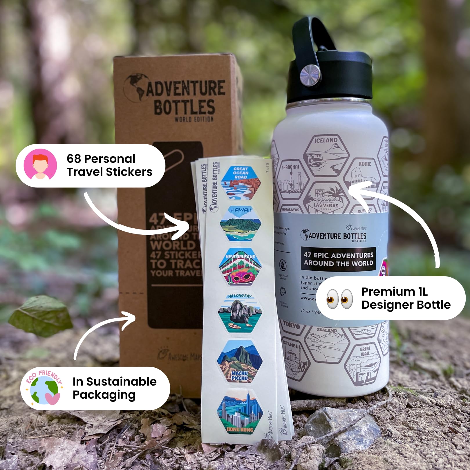 Awesome Maps Adventure Bottle - Personalisierbare Trinkflasche Reise Stickern, 1L Edelstahl, BPA-frei, auslaufsicher - Reise Geschenk für Männer und Frauen