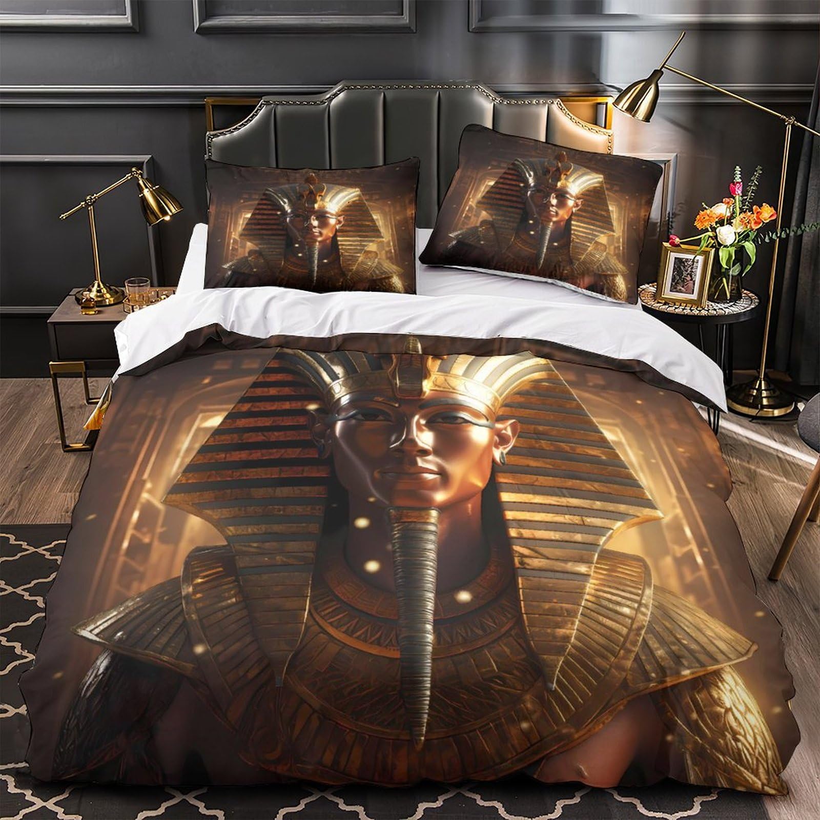 AncientPharaoh Quilt Cover 3D Print Anti-allergic 3 Pieces Bed Set Hidden Zipper EgyptianRoyalStyle Duvet Cover Ultra Soft Washable for Adults Kids Teens Women Youth Teenagers Double（200x200cm）
