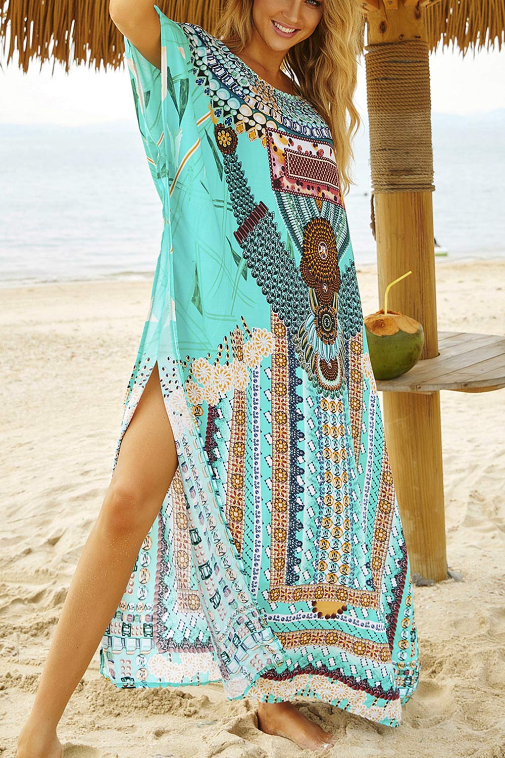 Damska letnia sukienka boho długa kaftan etniczny wzór maxi sukienka plażowa okrycie bikini z filtrem przeciwsłonecznym
