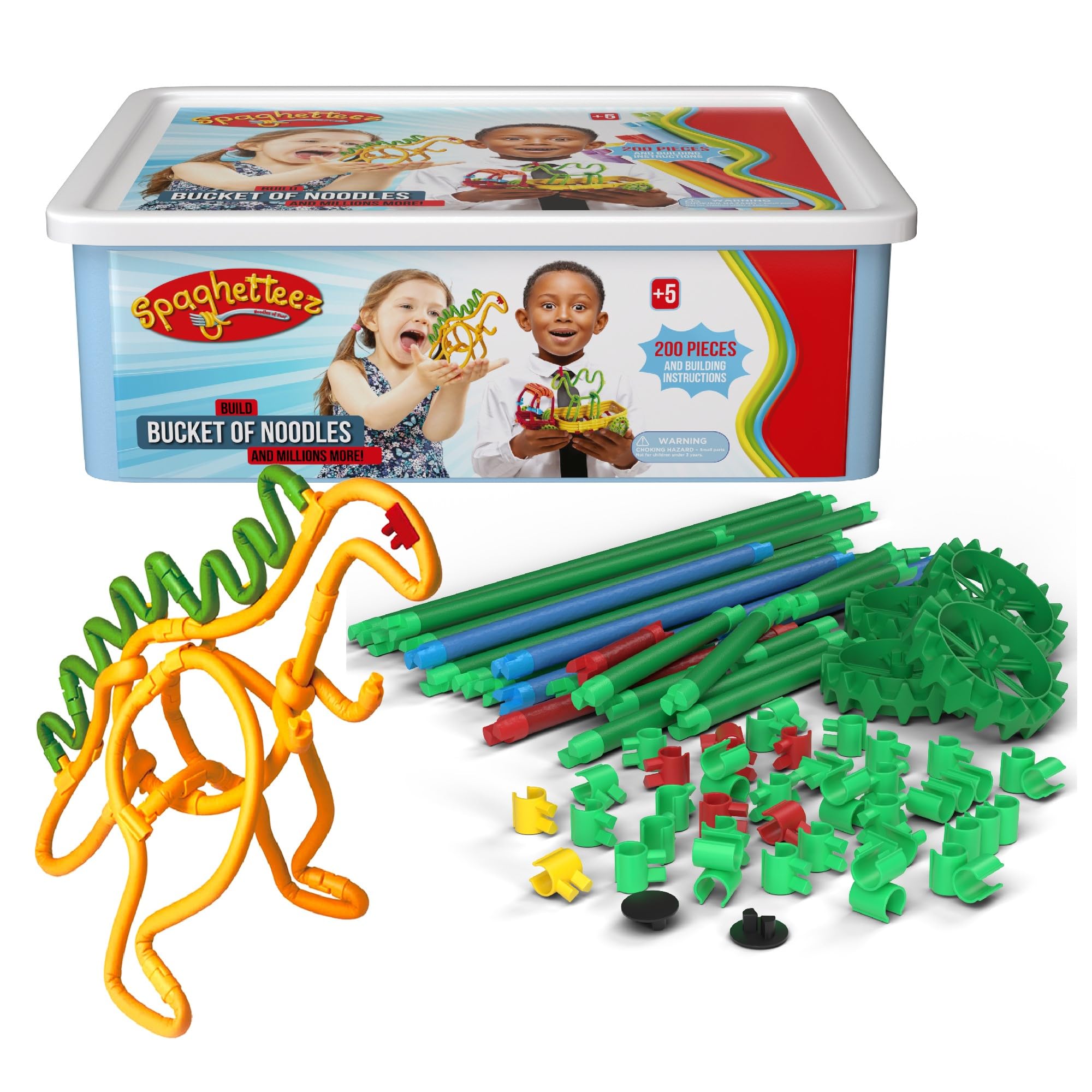 spaghetteez Kids Building Toy Set – Interactive Bucket of Noodles Construction Kit with Flexible Noodles - Educational Creative Sensory Toys for Motor