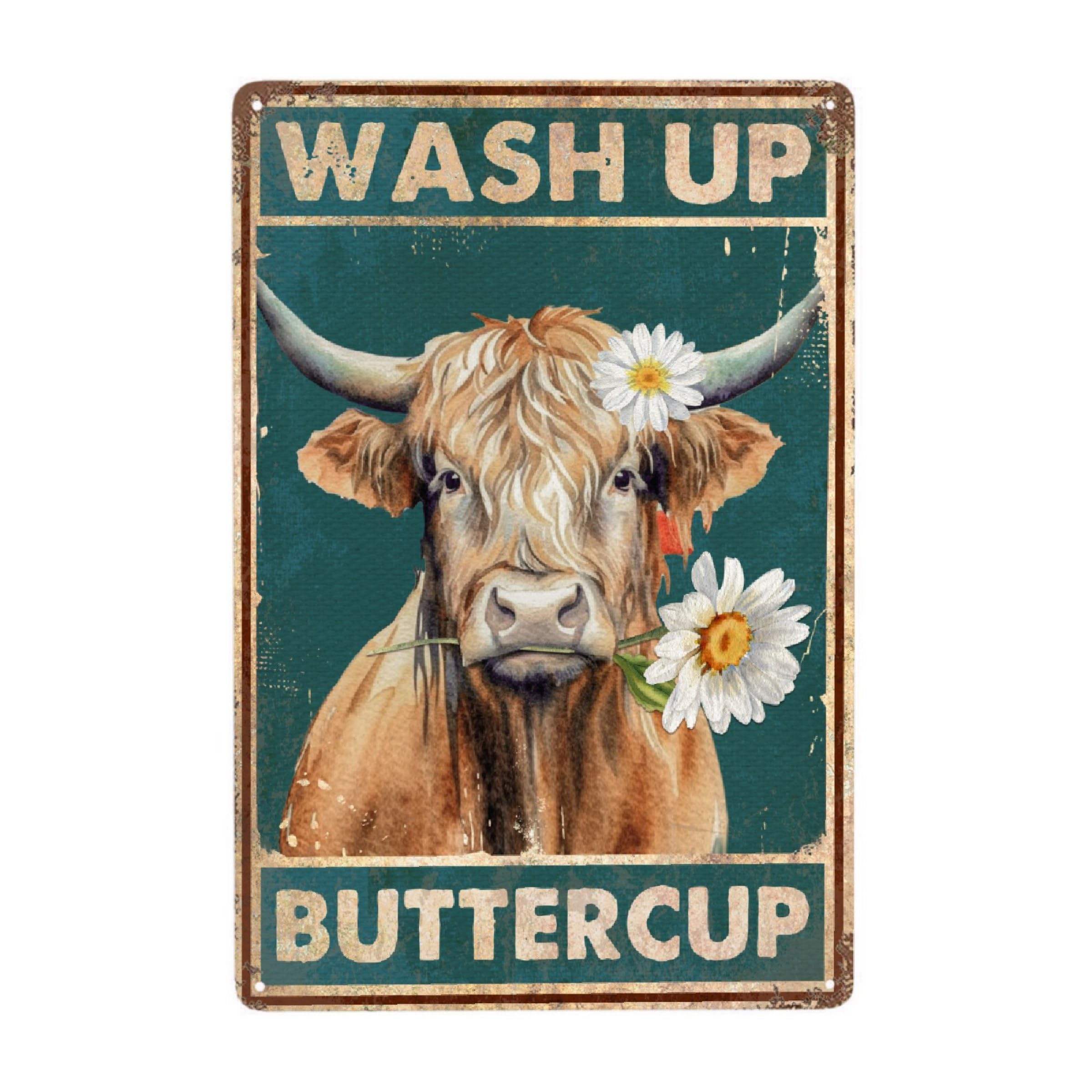 JOCASA Highland Cow Vintage Metal Poster Wash Up Buttercup Sign Decor-Retro Funny Cow Wall Art Metal Tin Sign Bathroom Home Hanging Decor Funny Toilet