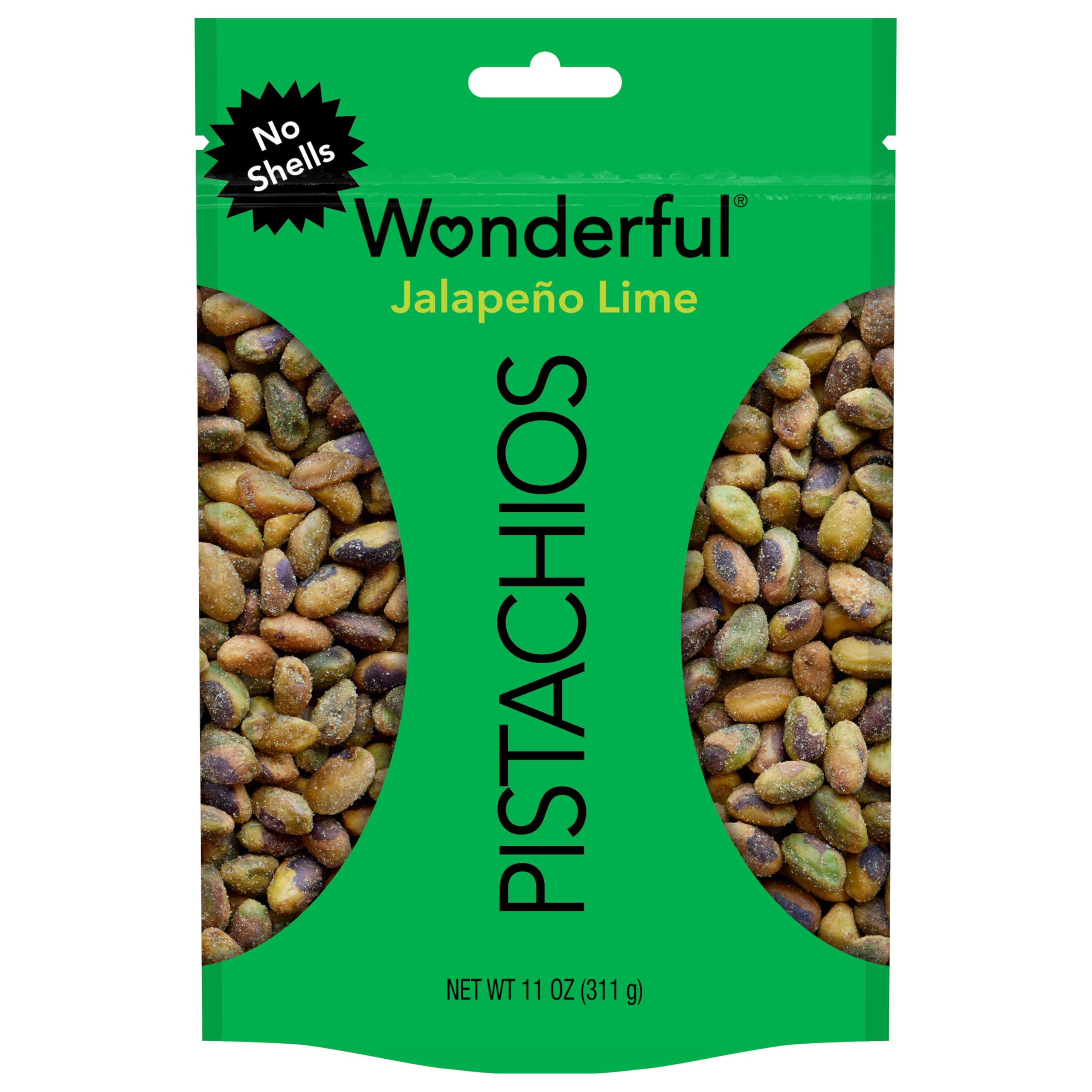 Wonderful Pistachios No Shells, Jalapeño Lime Flavored Nuts, 11 Ounce Resealable Bag, Spicy Nuts, Protein Snacks, Gluten Free Pantry Staples, Healthy Snacks