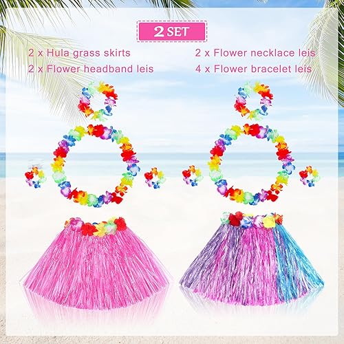Miniatura 4 de Juego de 2 conjuntos de falda elástica hawaiana de hierba de baile de hula con flores para fiesta de playa tropical Luau