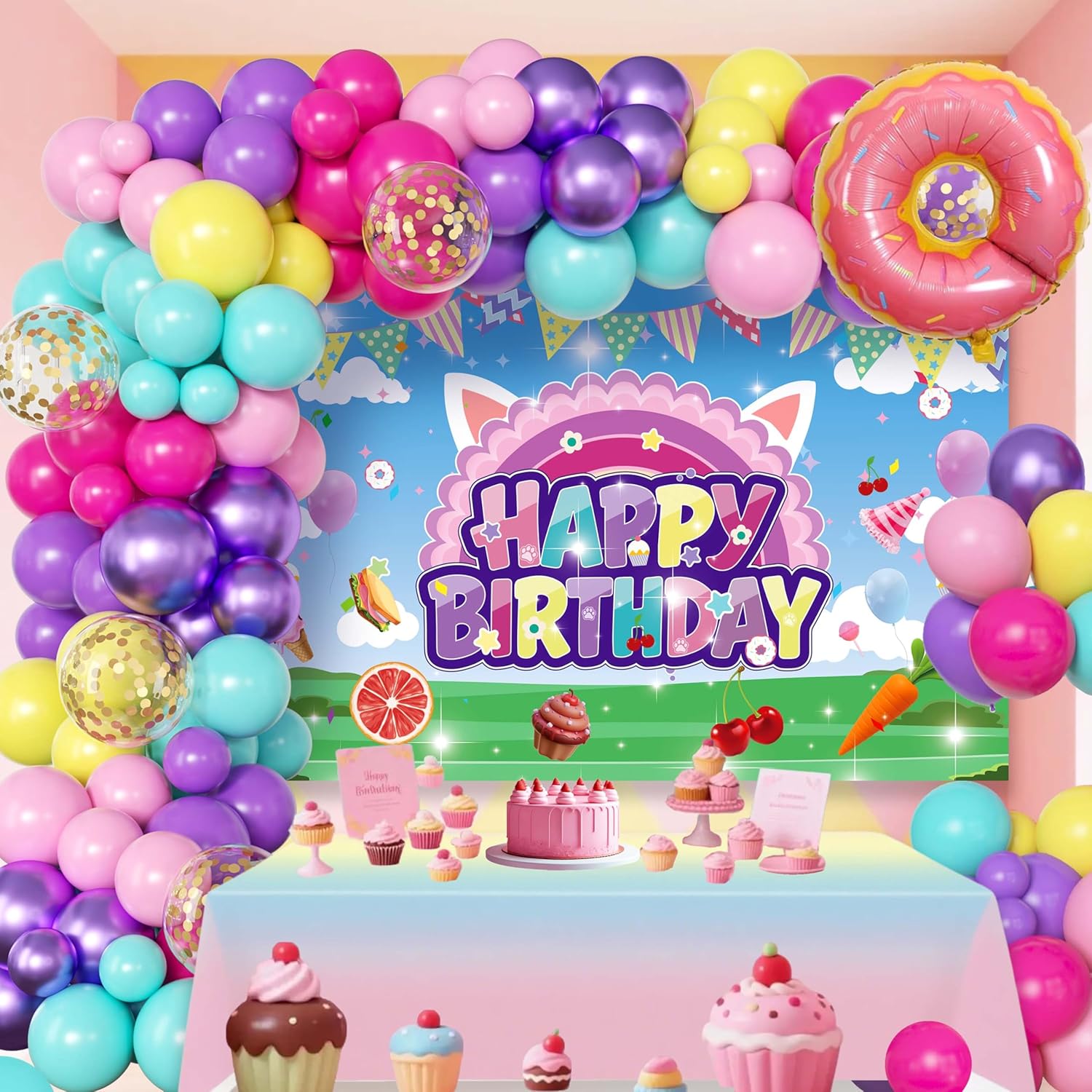 Doll House Birthday Decorations For Girls,Colorful Balloons Arch Kit,Happy Birthday Banner,Foil Balloon,Party Supplies