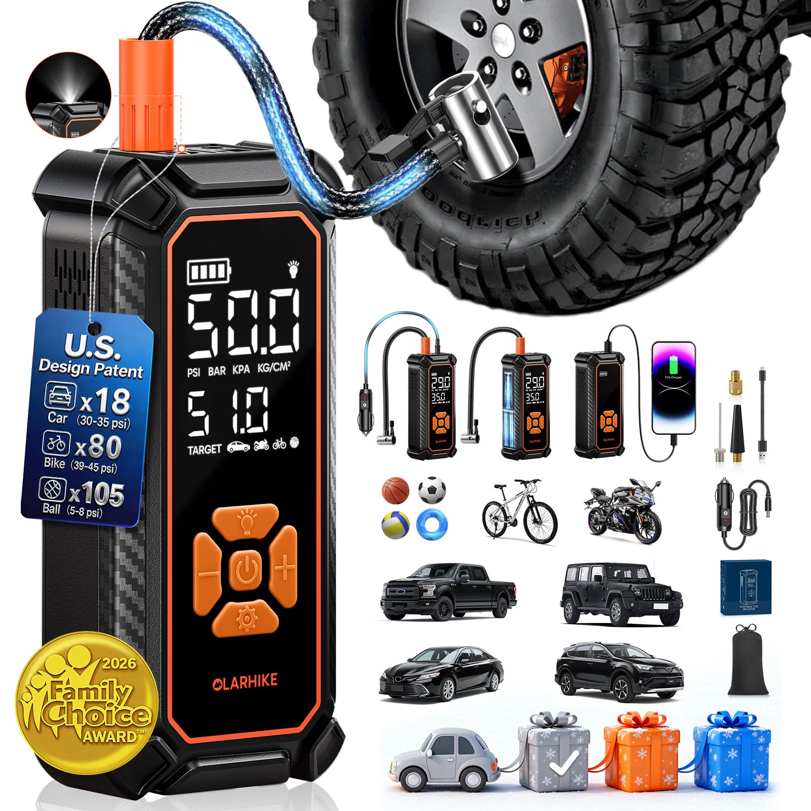 OlarHike Tire Inflator Portable Air Compressor, Dual Power - 6000mAh & 12V DC, Cordless Air Pump for Car Tires, Bikes, Motorcycle, Balls with LED & Digital Pressure Gauge, Auto Shut-off 3-orange 6000 (Large Capacity)