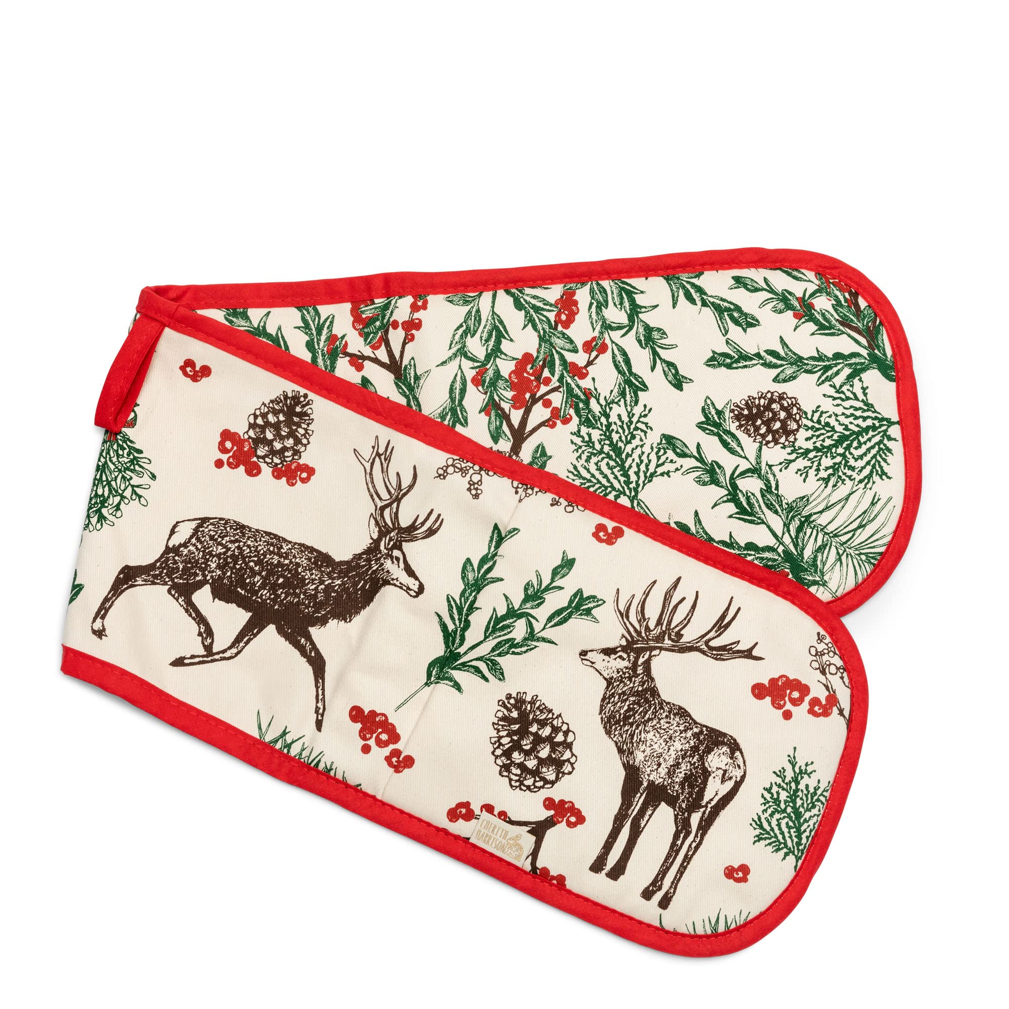 Unbleached Cotton Double Oven Gloves in Christmas Reindeer and Holly Berries Design