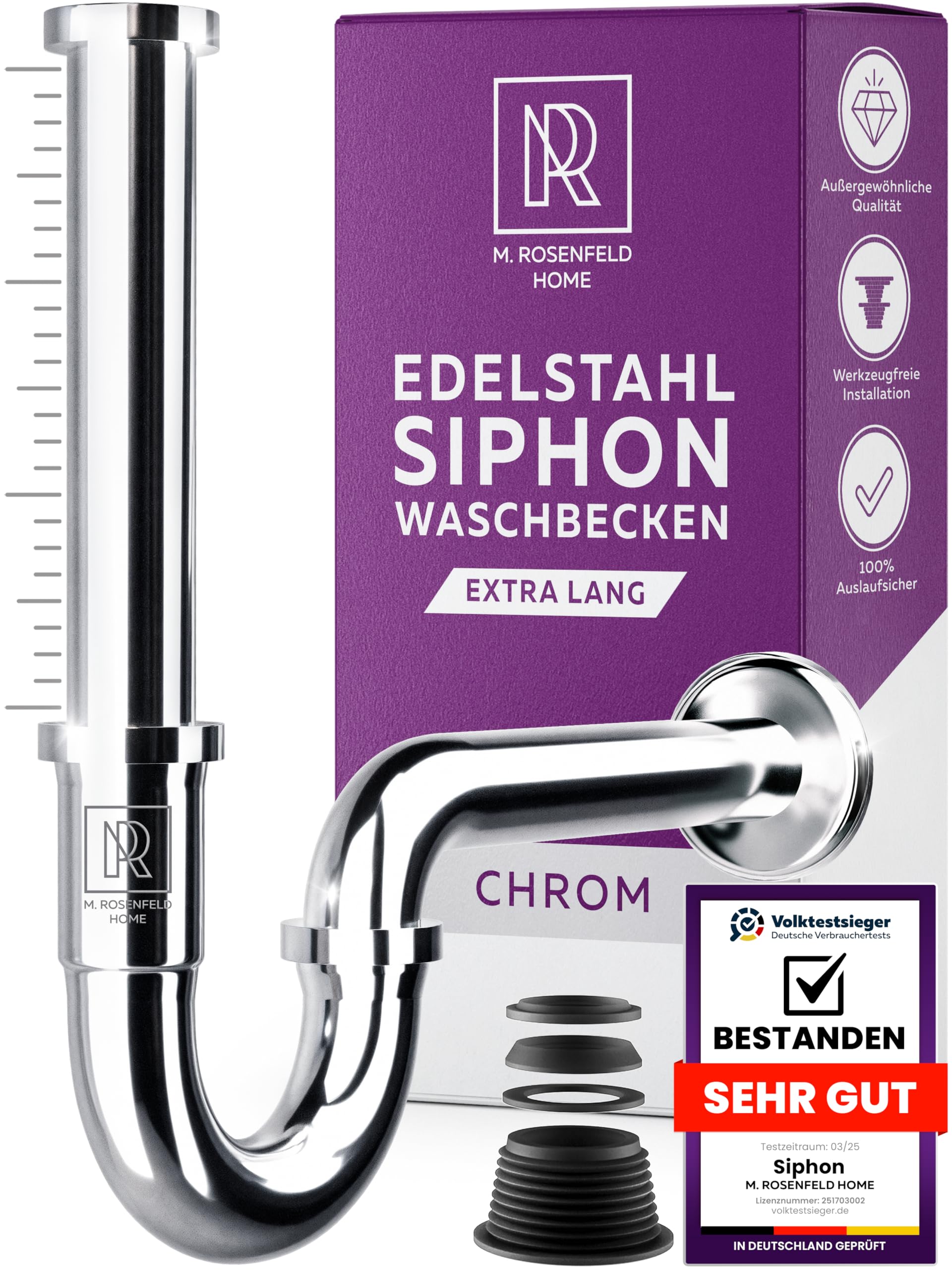 Siphon Sink 1 1/4 Inch Size XL, Height Adjustable Tube Siphon 165-185 mm, Stainless Steel Odour Trap