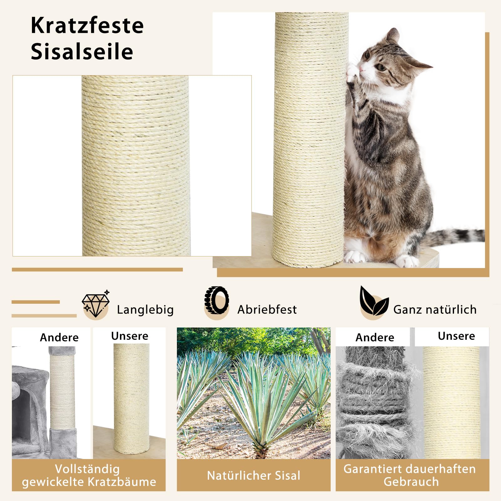 COSTWAY Kratzbaum 152cm Natur - Katzenbaum Mit 2 Höhlen, Korb Und Spielball