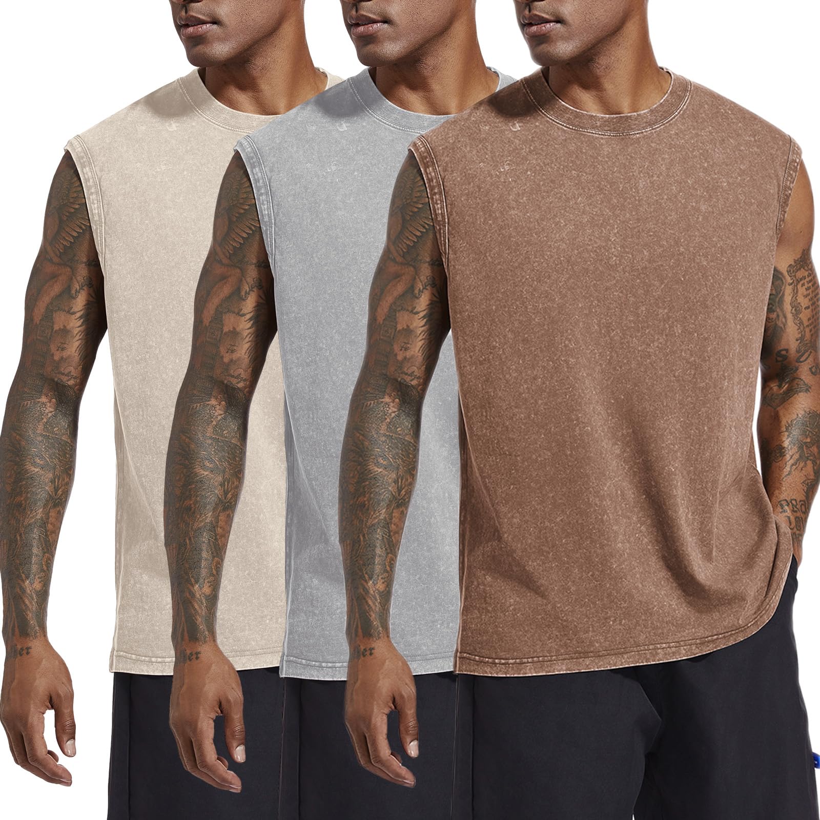 Wrenpies Mens Cotton Workout Gym Tank Top Sleeveless Cut Off Muscle Shirts Acid Wash Tshirts Running Beach Loose Fit Tees