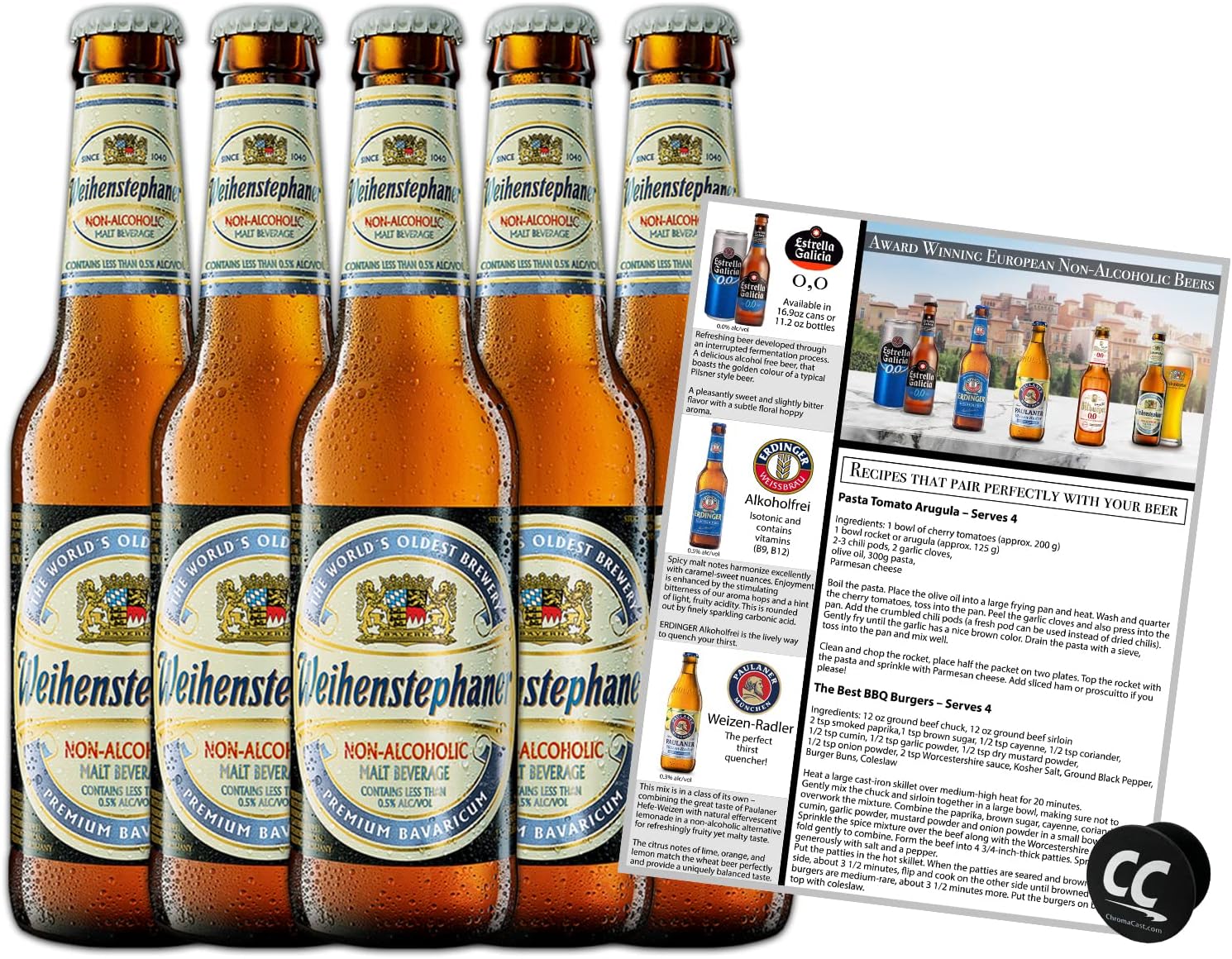 Weihenstephaner - Non-Alcoholic Hefeweizen Beer 5 Pack Made In Germany, 11.2oz/btl, includes Phone/Tablet Holder & Beer/Pairing Recipes